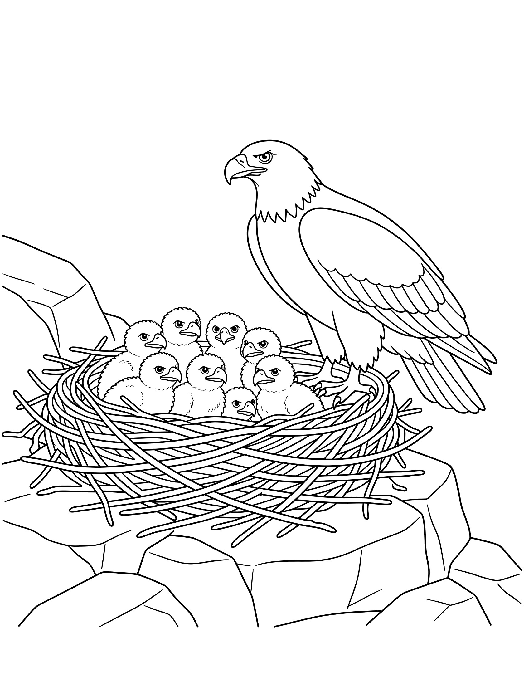 Black and white coloring page of a bald eagle beside a nest with four fluffy eaglets on a rocky ledge