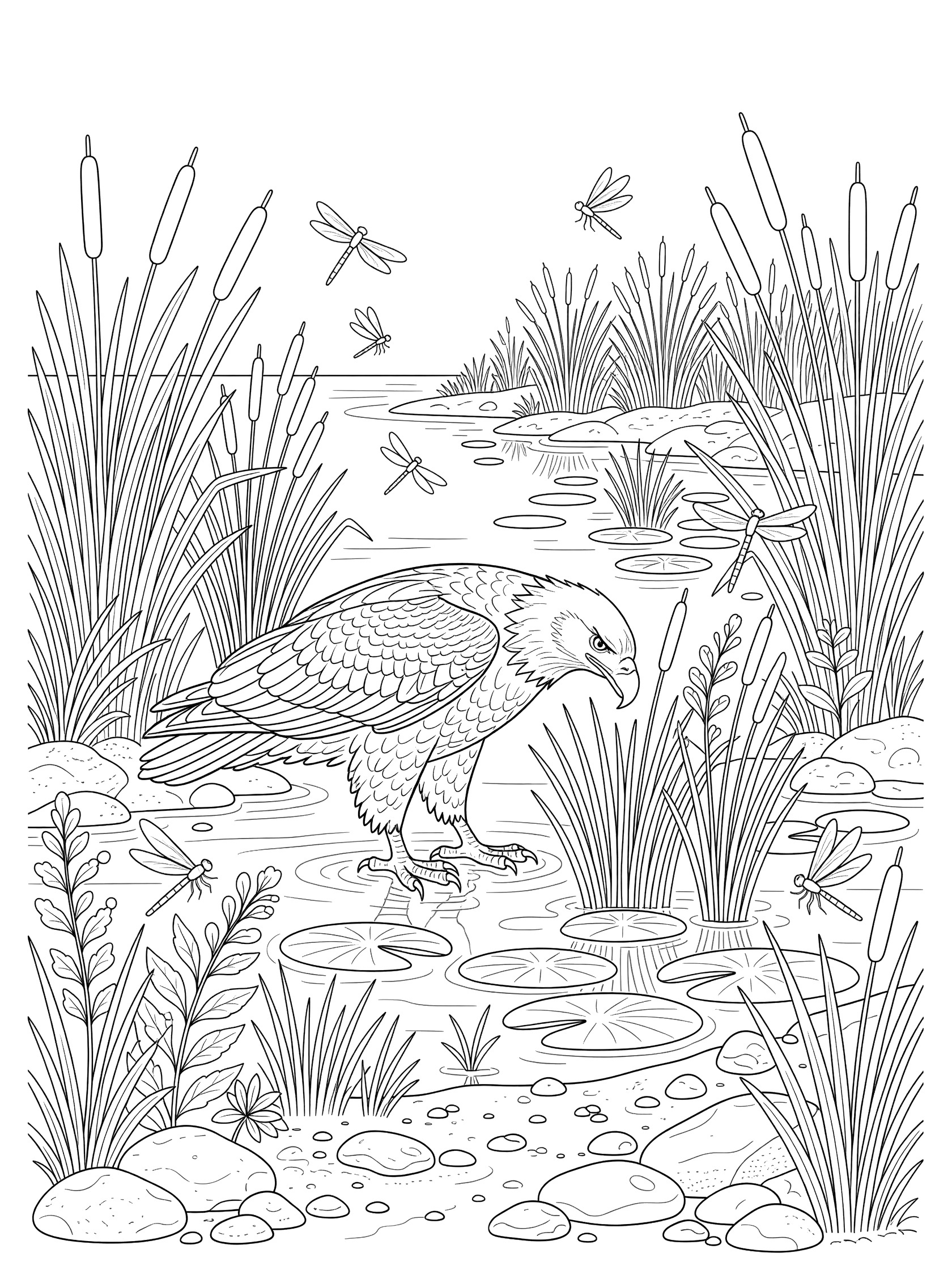 Black and white line art coloring page showing a bald eagle standing in shallow water near reeds and lily pads with dragonflies flying around and pebbles on the shore.