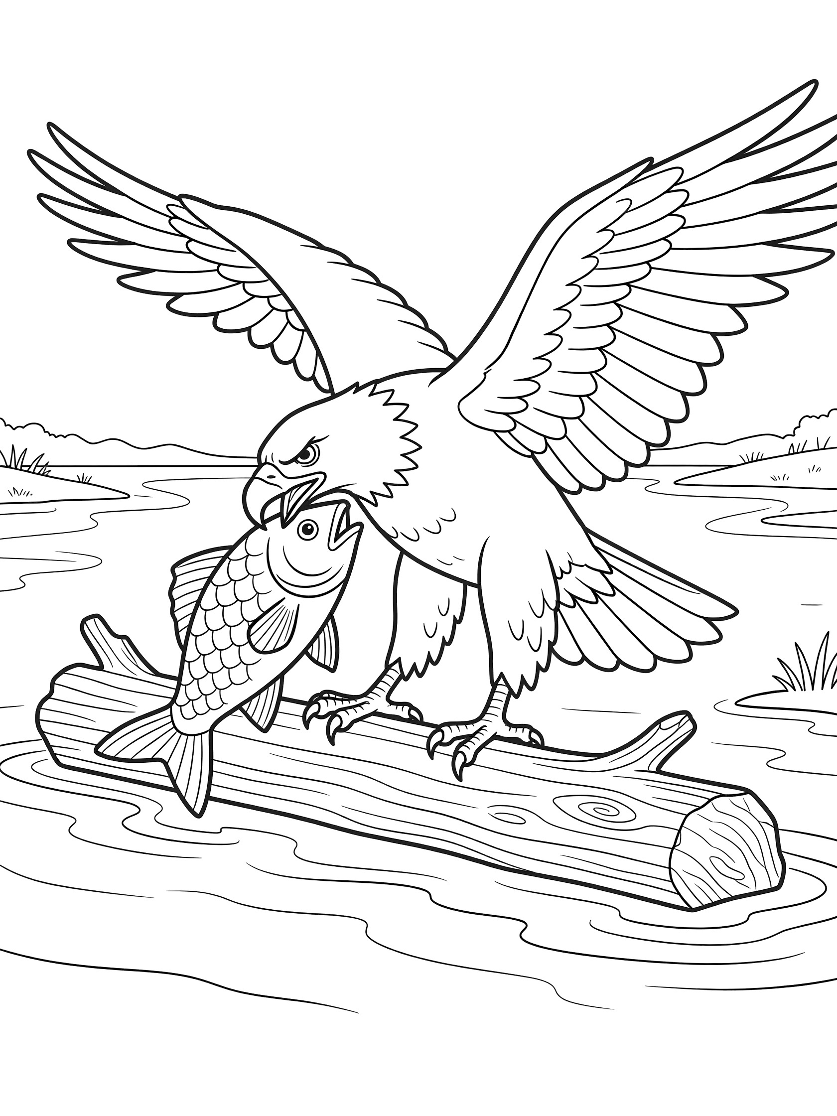 Black and white coloring page of a bald eagle grabbing a fish with its talons on a log by the water, wings outstretched, simple line art.