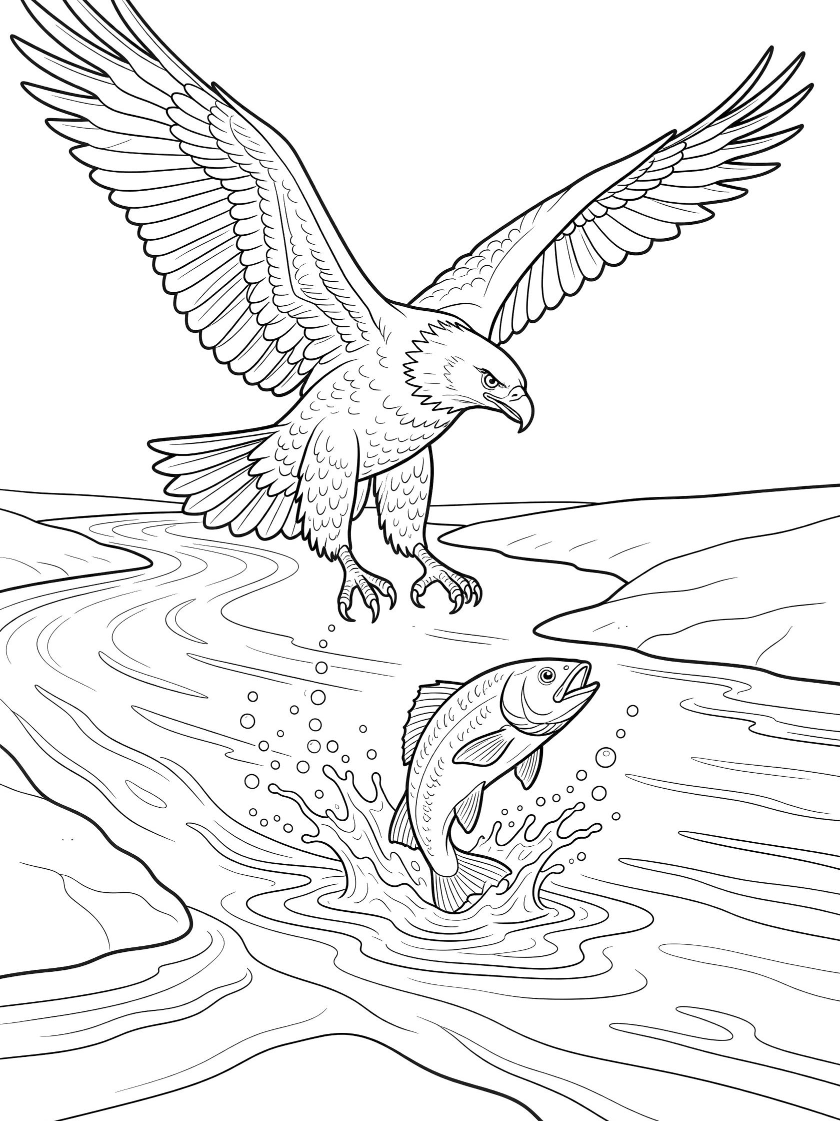 Black and white line art coloring page showing a bald eagle with wings spread diving toward a river to grab a fish jumping out of the water with bubbles and splashes.