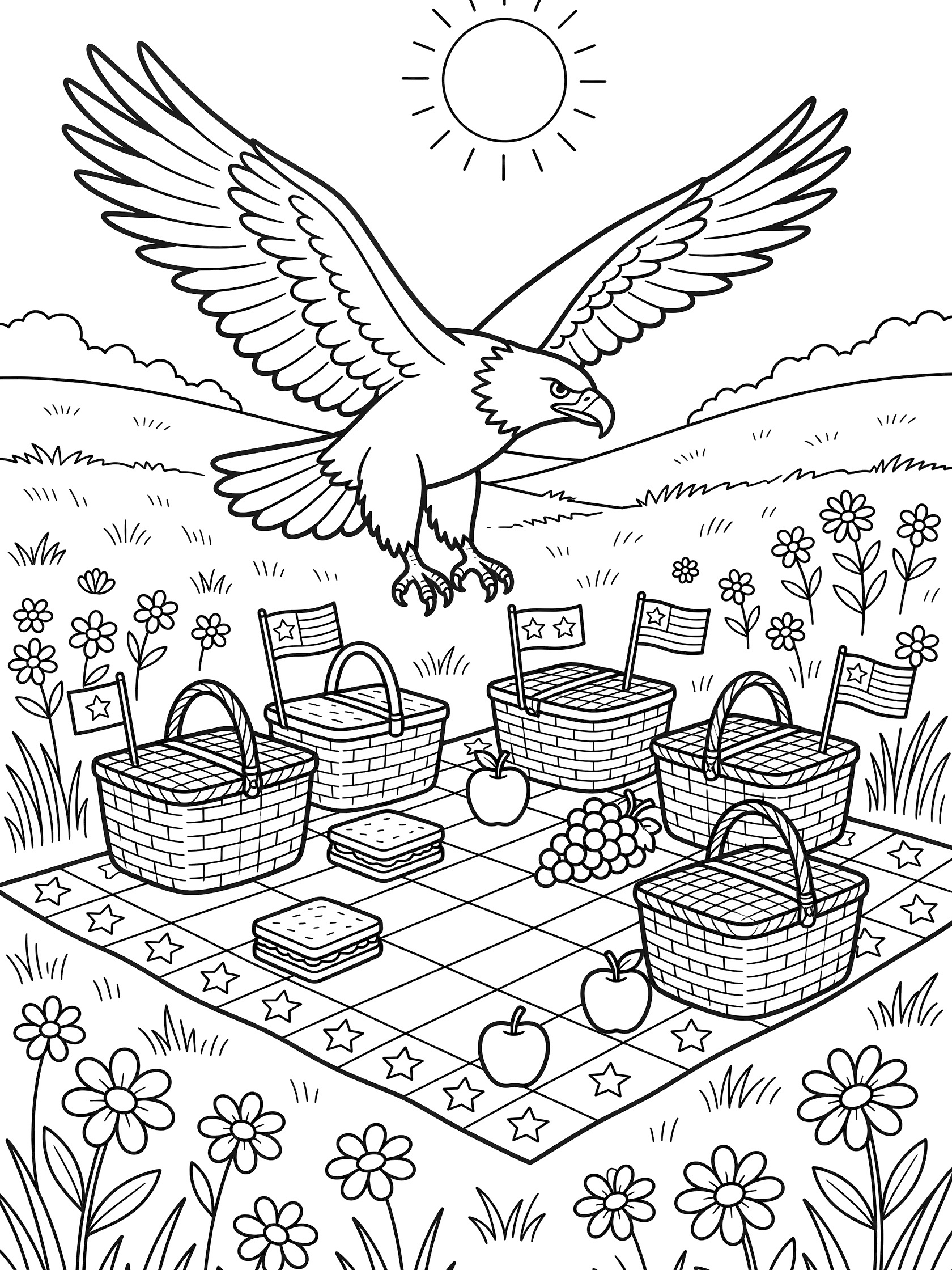 Bald eagle with wide wings diving toward a star picnic blanket with baskets of apples and grapes, sandwiches, American flags, wildflowers, and sun for 4th of July coloring page.