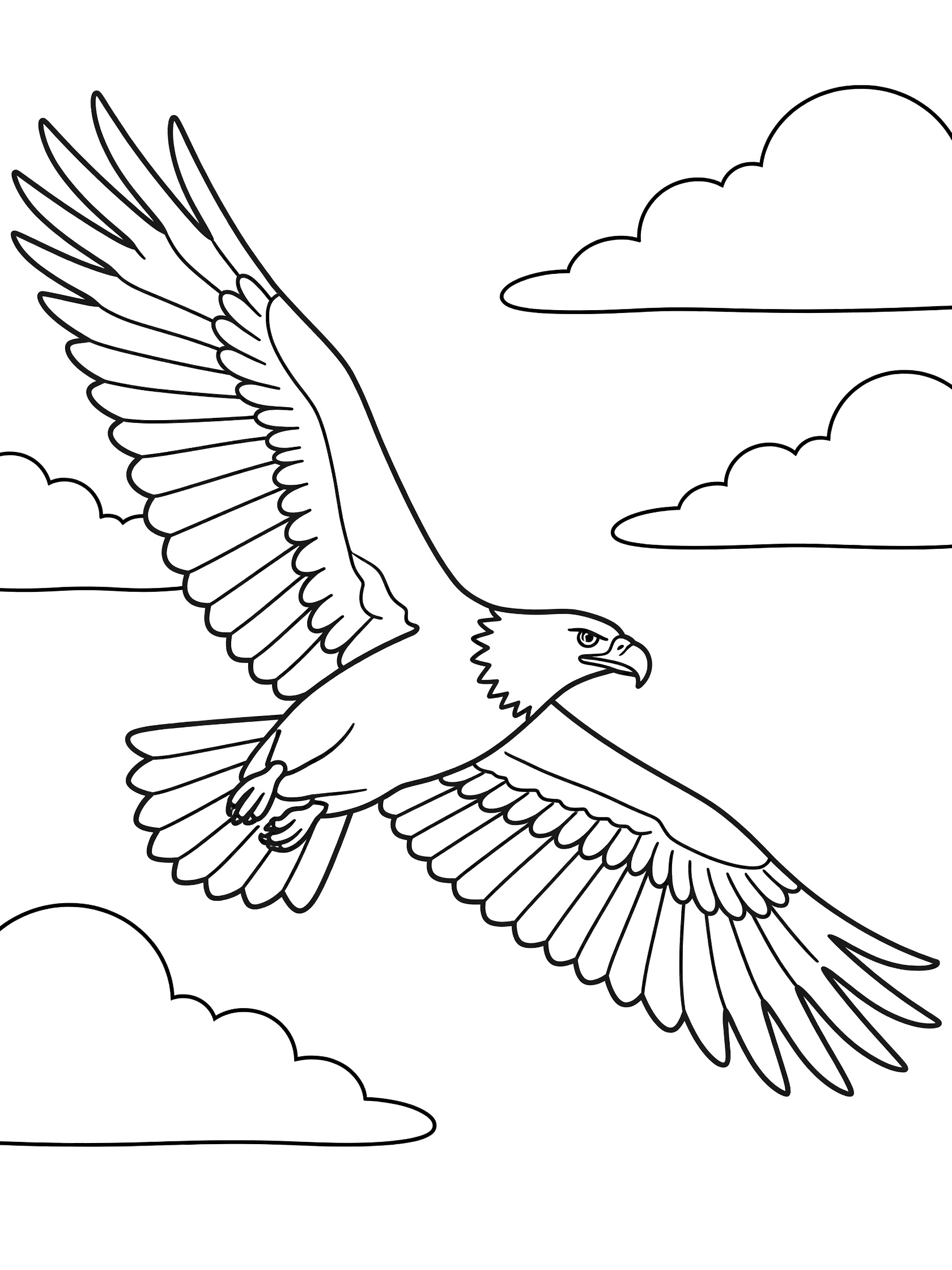 Black and white coloring page of a bald eagle soaring with spread wings and simple clouds in the sky
