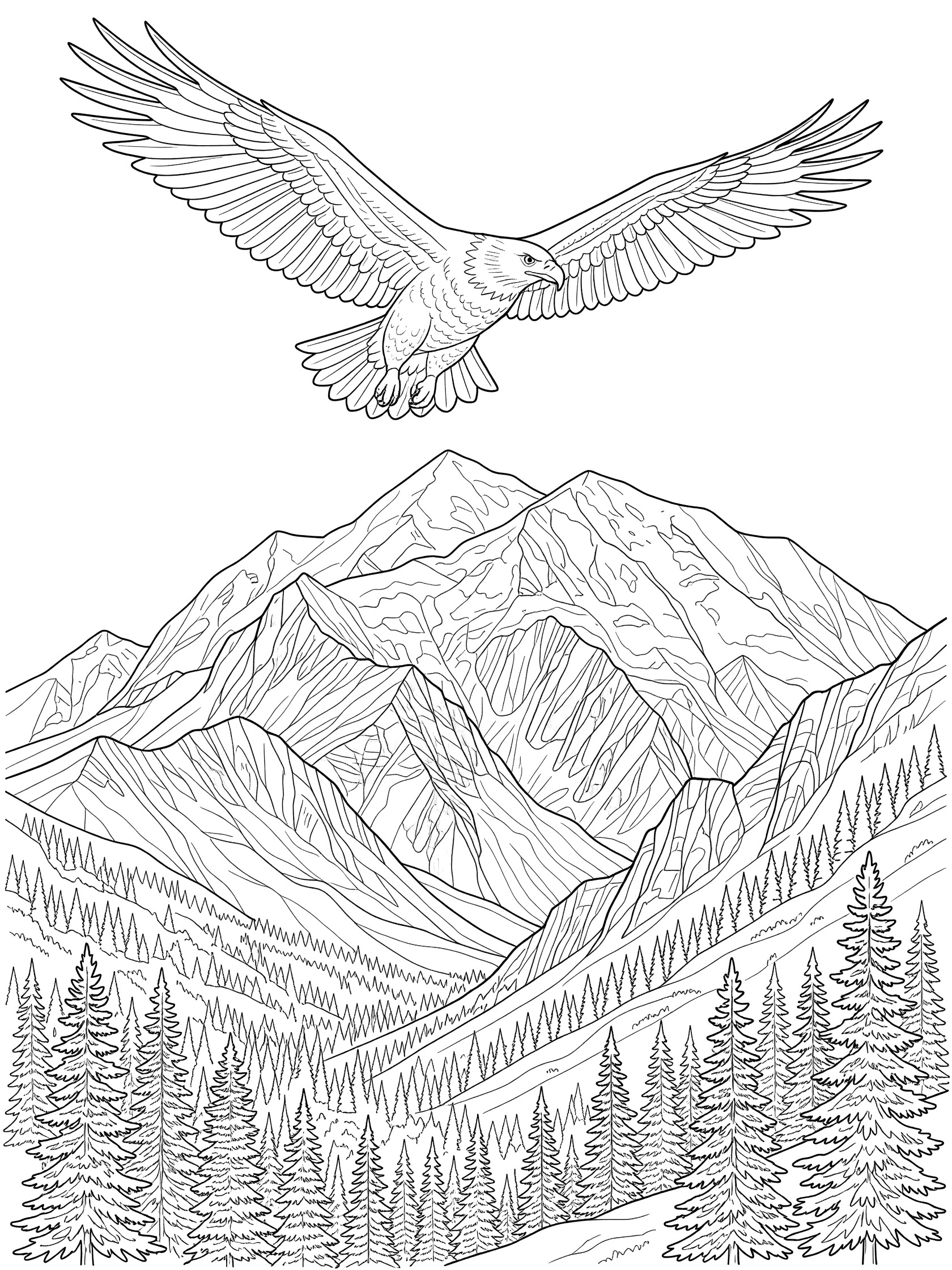Black and white line art coloring page showing a large bald eagle with outstretched wings soaring above a tall snow-capped mountain peak, rocky slopes, and evergreen trees below. Denali themed black and white printable line art