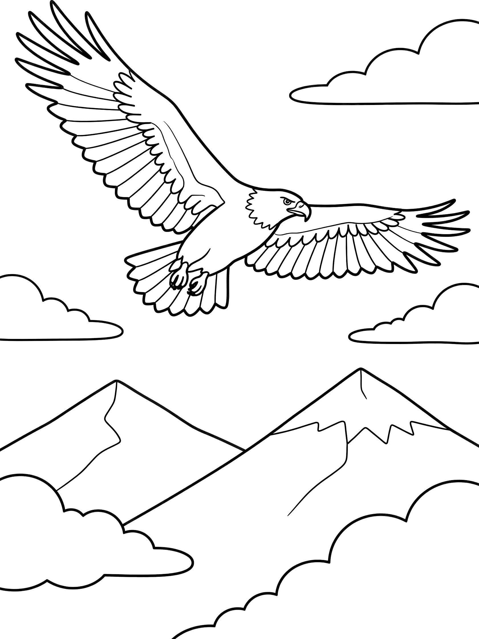Black and white line art coloring page showing a large bald eagle soaring high with wide wings, fluffy clouds, and mountain peaks below on a white background. Haast Eagle themed black and white printable line art