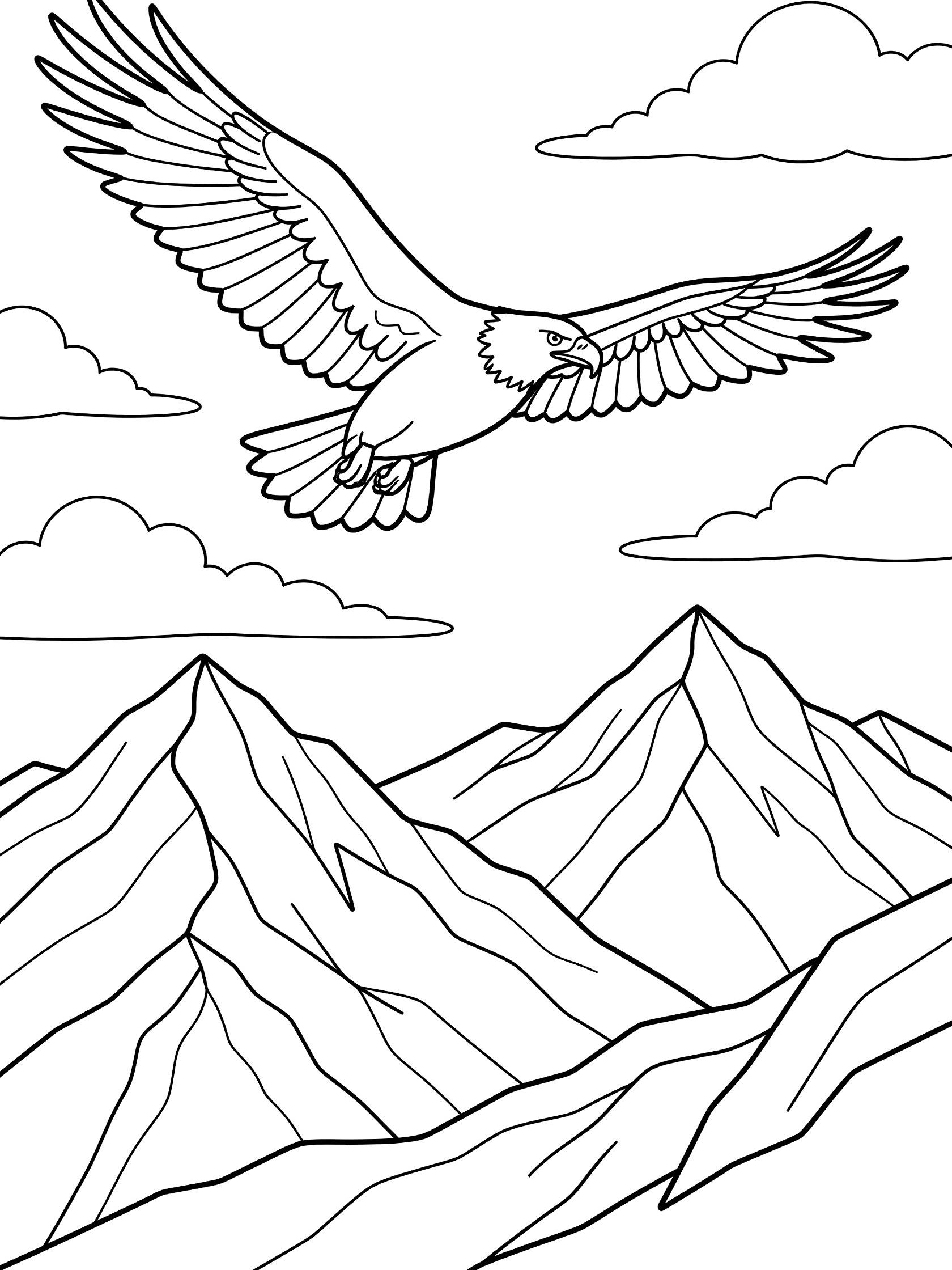 Black and white line art coloring page showing a bald eagle with wings spread flying over pointy mountain peaks and puffy clouds in a clean sky.