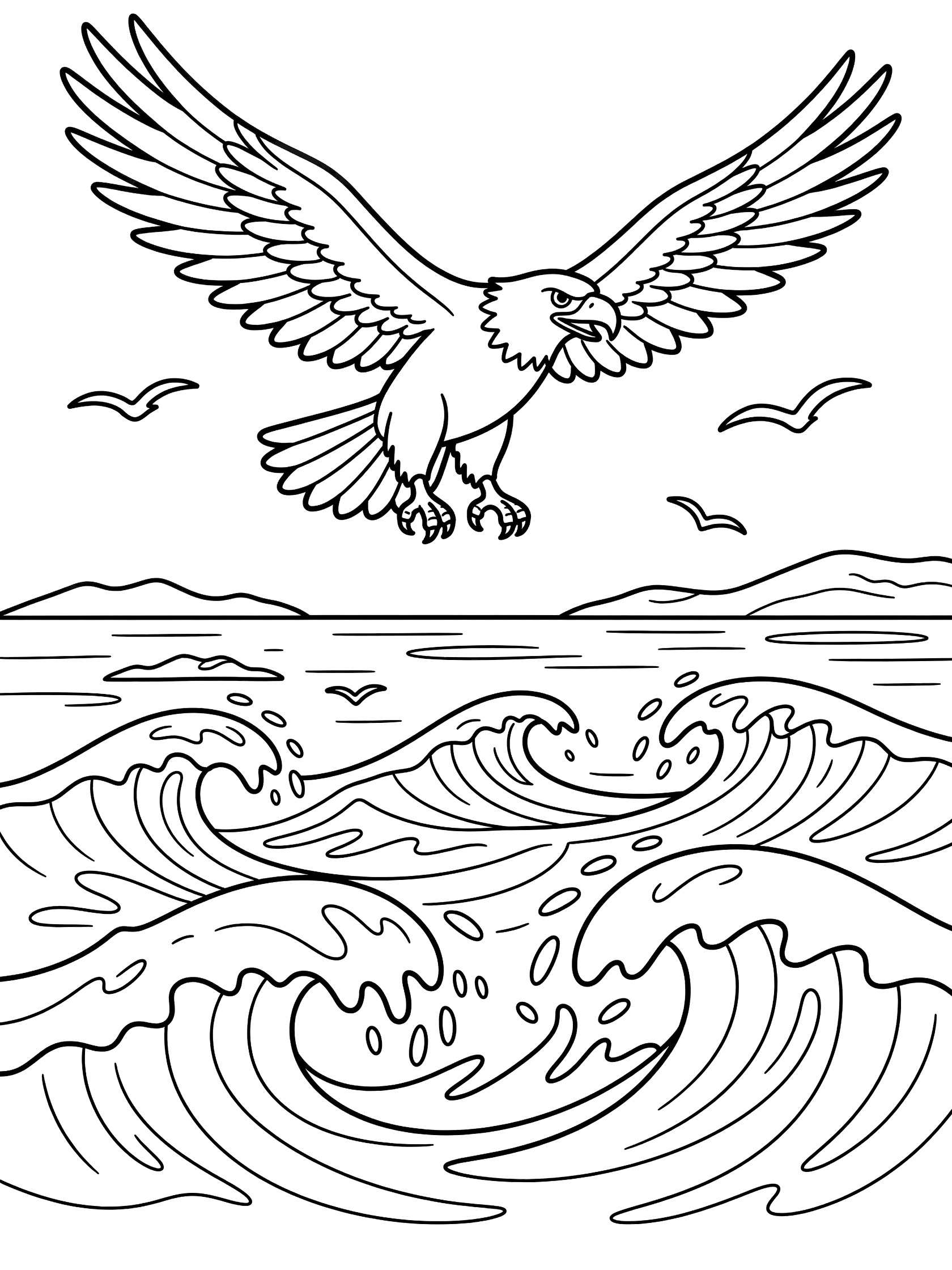 Black and white line art coloring page showing a bald eagle soaring with open wings and talons over wavy ocean water, small seagulls flying nearby, and far-off island outlines.