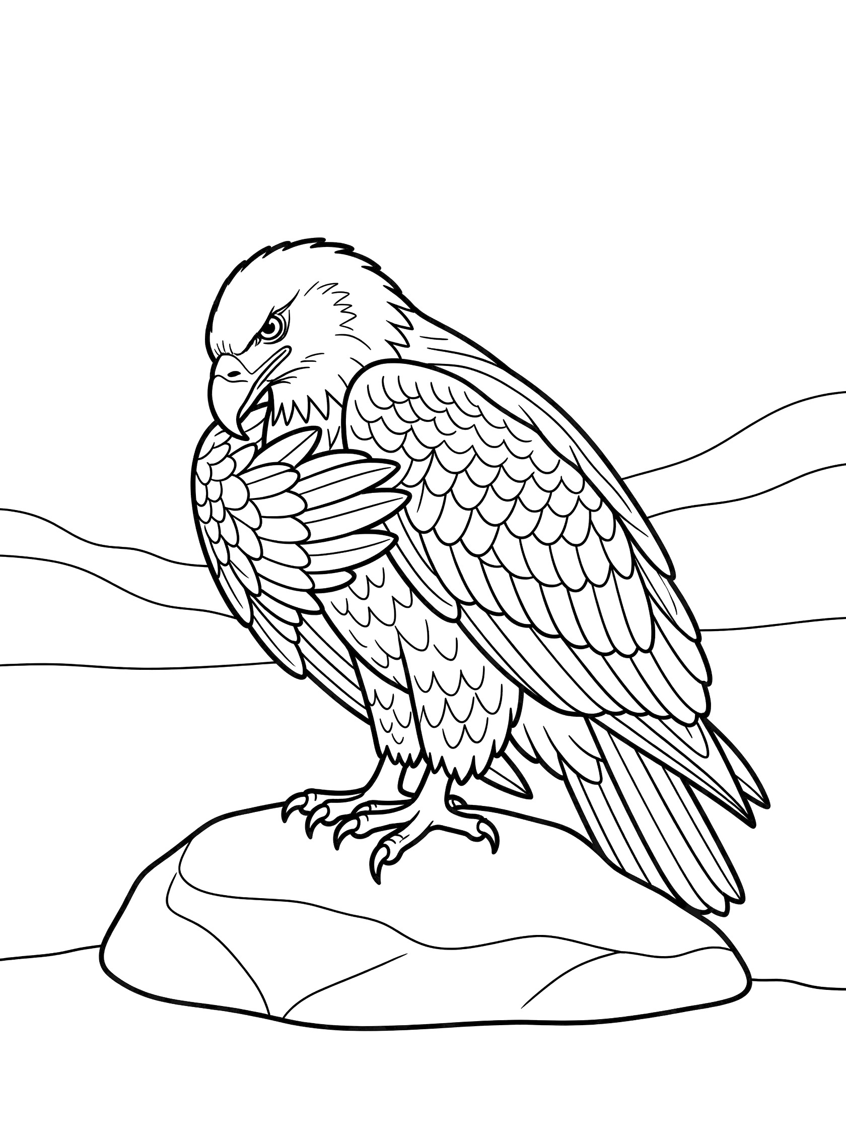 Black and white line drawing of a bald eagle perched on a flat rock, grooming feathers with its beak, coloring book style.