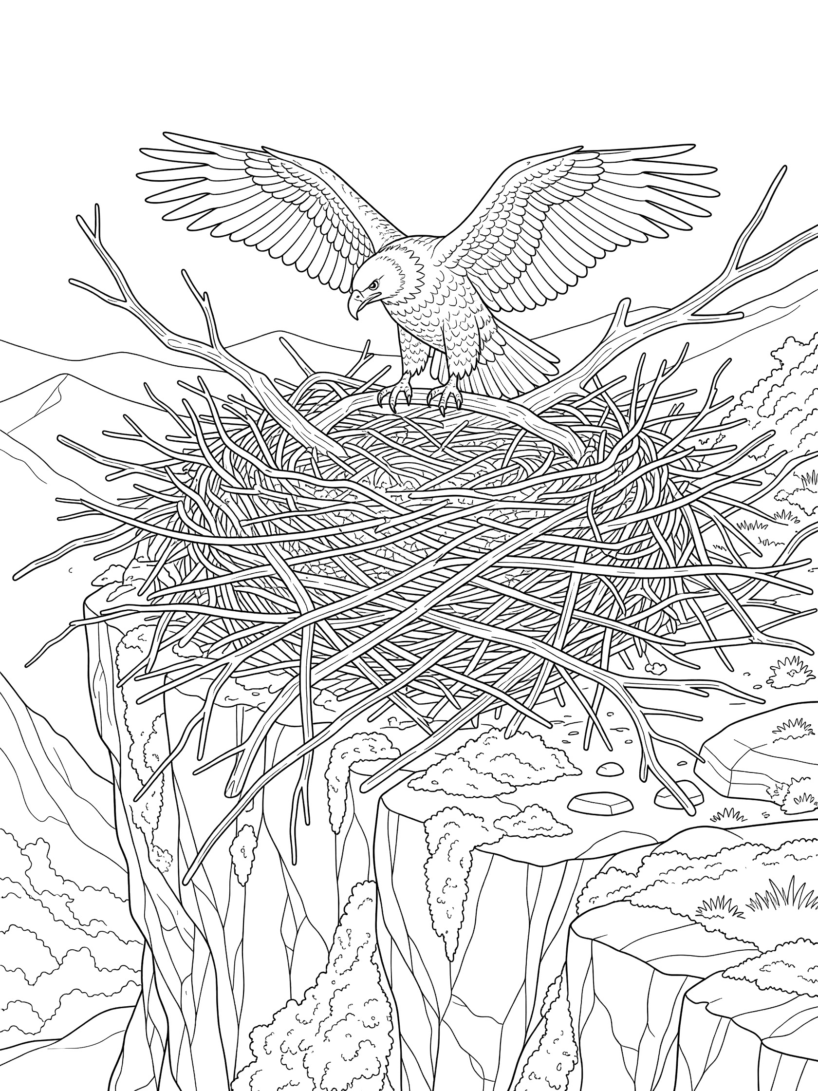 Black and white line art coloring page of a bald eagle with spread wings standing in a large nest made of twigs on a rocky cliff.