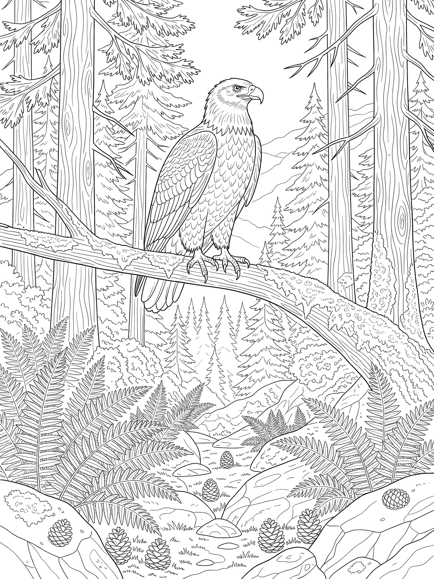 Black and white coloring page of a bald eagle perched alertly on a branch in Pacific North West Forests, surrounded by ferns, rocks, pinecones, and tall evergreen trees.