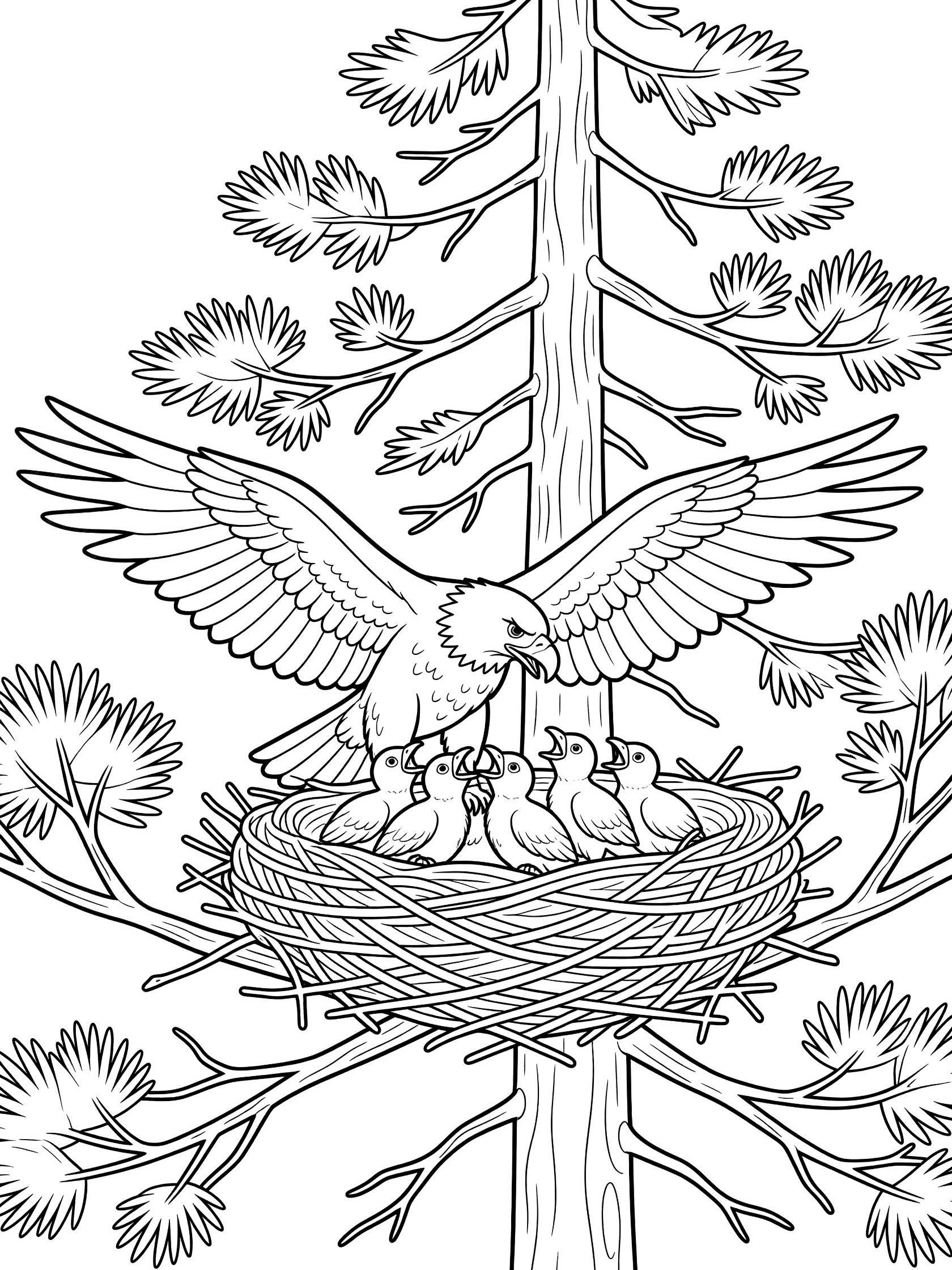 Black and white coloring page showing a bald eagle parent with wide wings feeding three small eagle babies with open beaks in a twig nest on top of a pine tree with branches and needles.