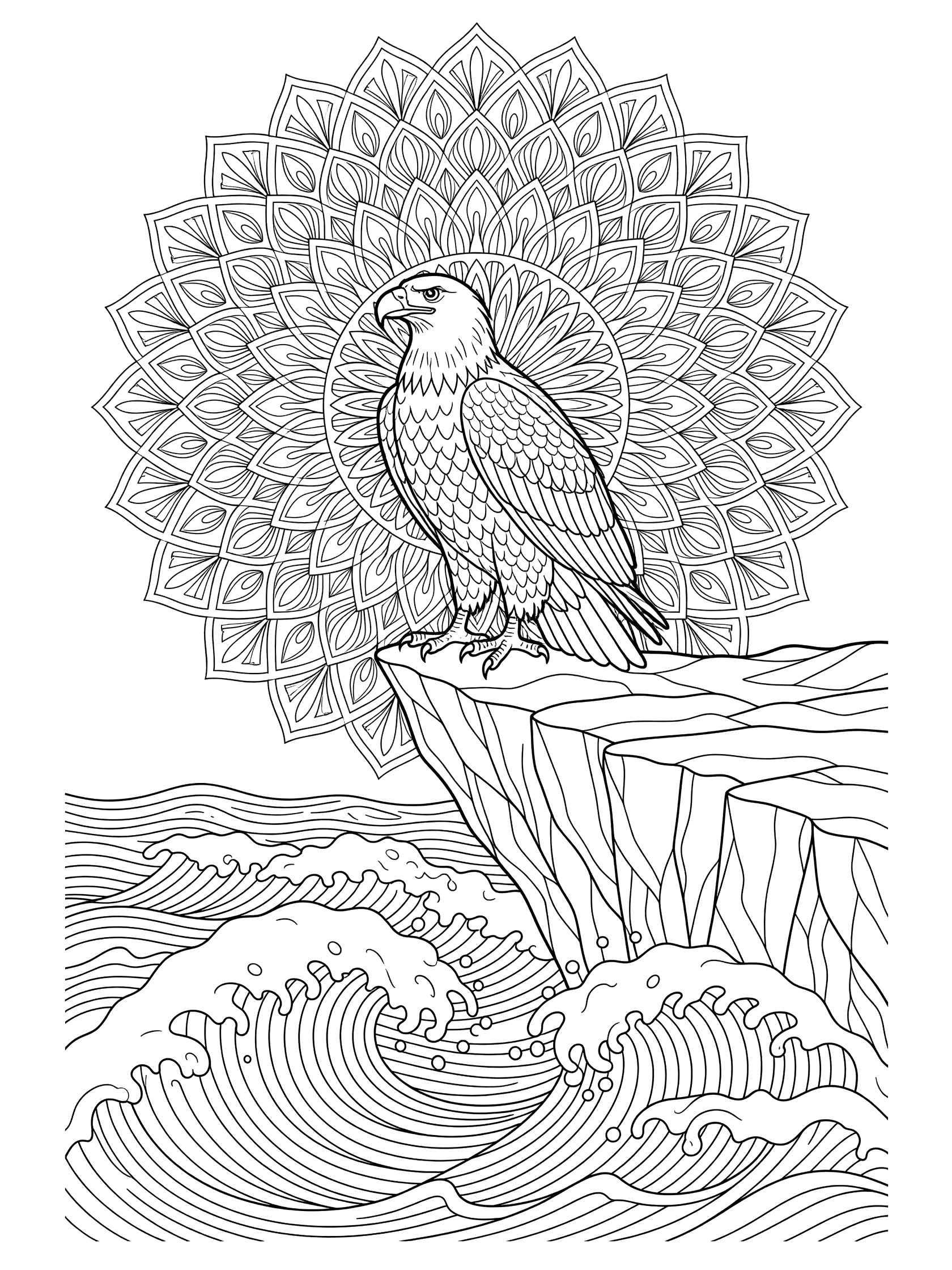Black and white line art coloring page showing a bald eagle with symmetrical mandala feather patterns on a cliff overlooking crashing ocean waves.