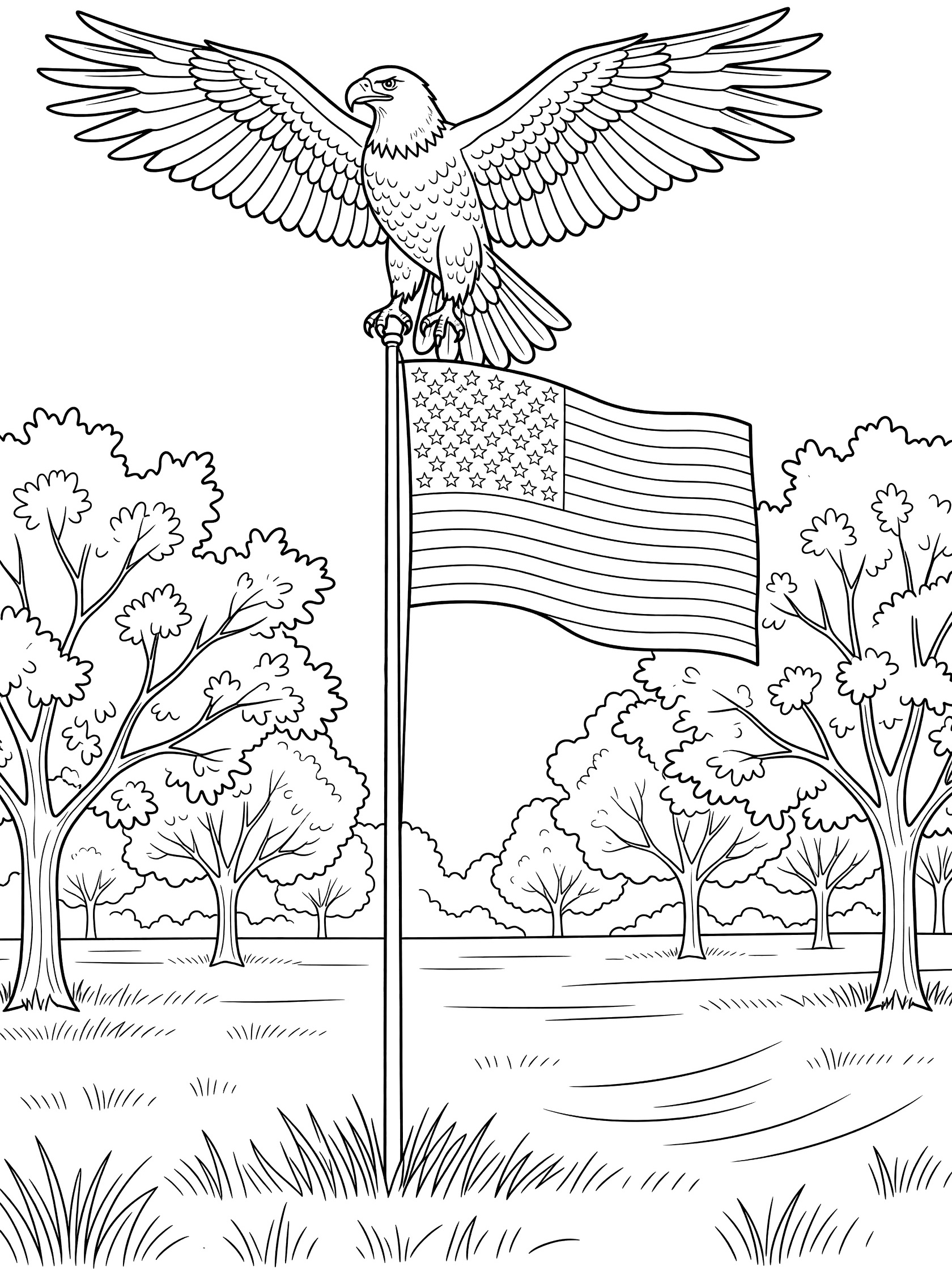 Black and white line art coloring page showing a bald eagle gripping a waving American flag on a flagpole surrounded by trees and grass in a sunny park for 4th of July.