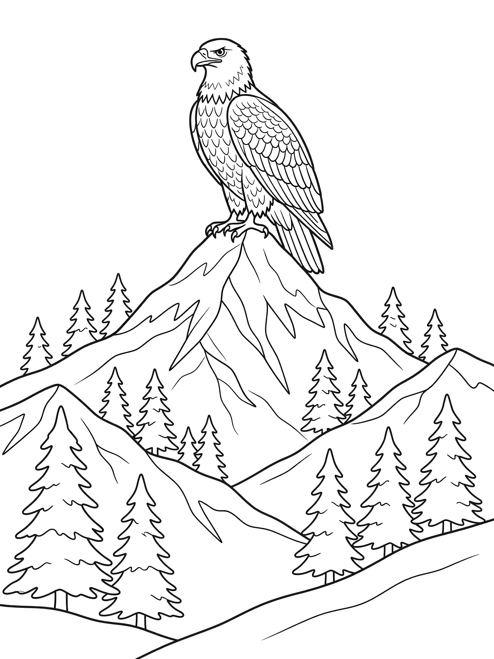 Black and white line art coloring page showing a bald eagle standing on a tall snowy mountain peak surrounded by pine trees on the slopes.