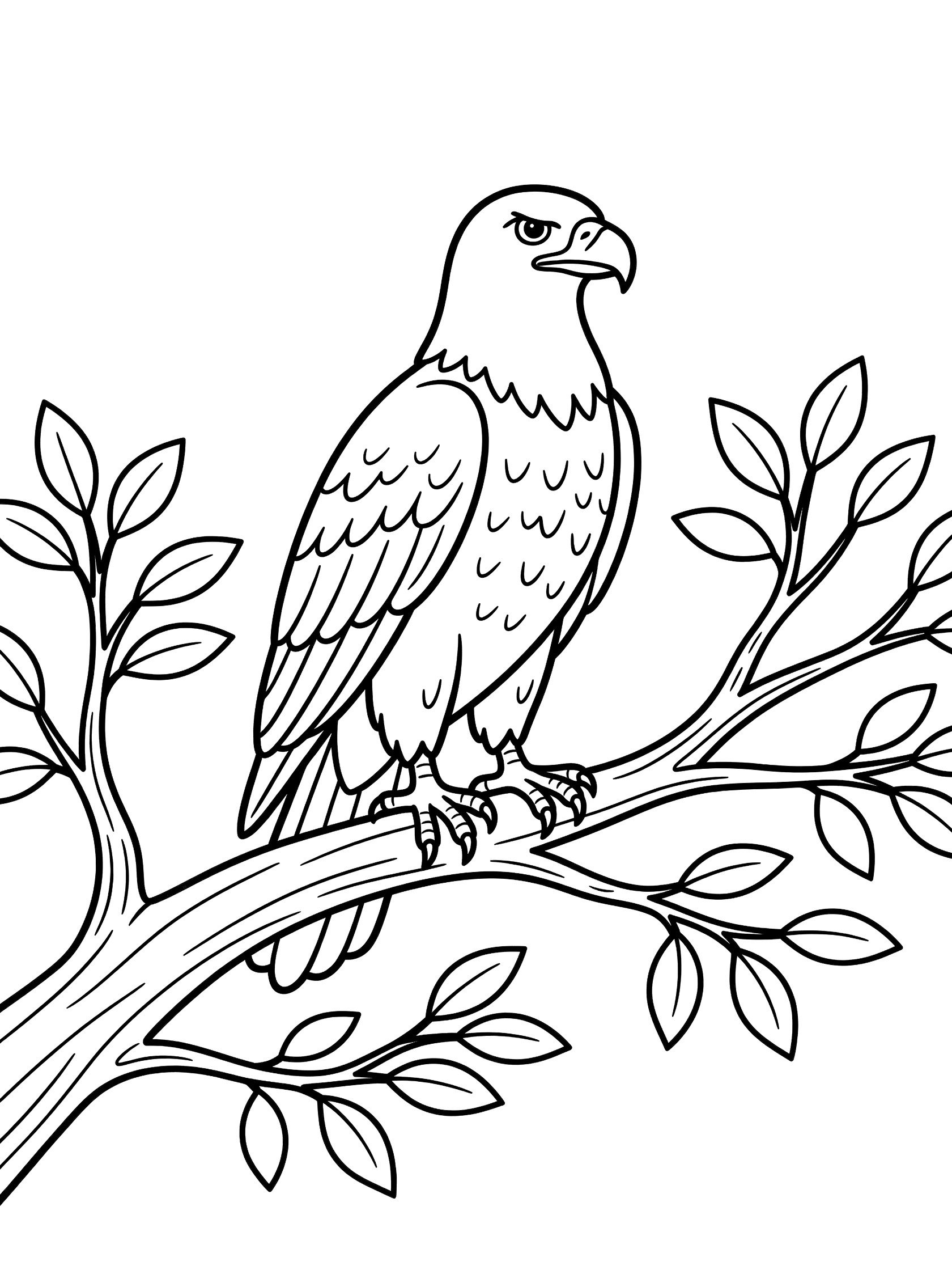 Black and white line art coloring page showing a bald eagle perched on a tree branch surrounded by leaves and twigs