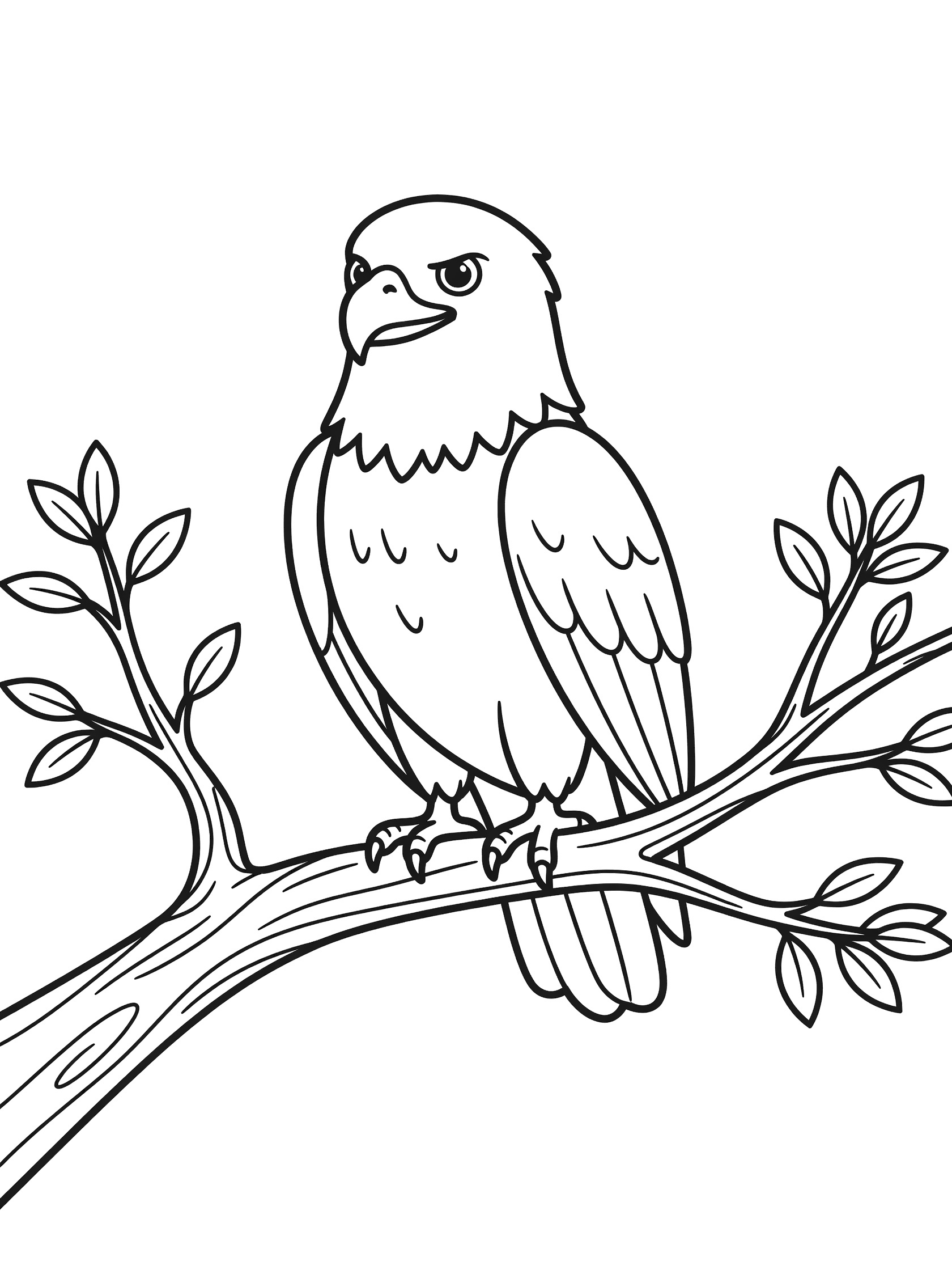 Black and white line art coloring page showing a bald eagle perched on a tree branch with leaves and twigs.