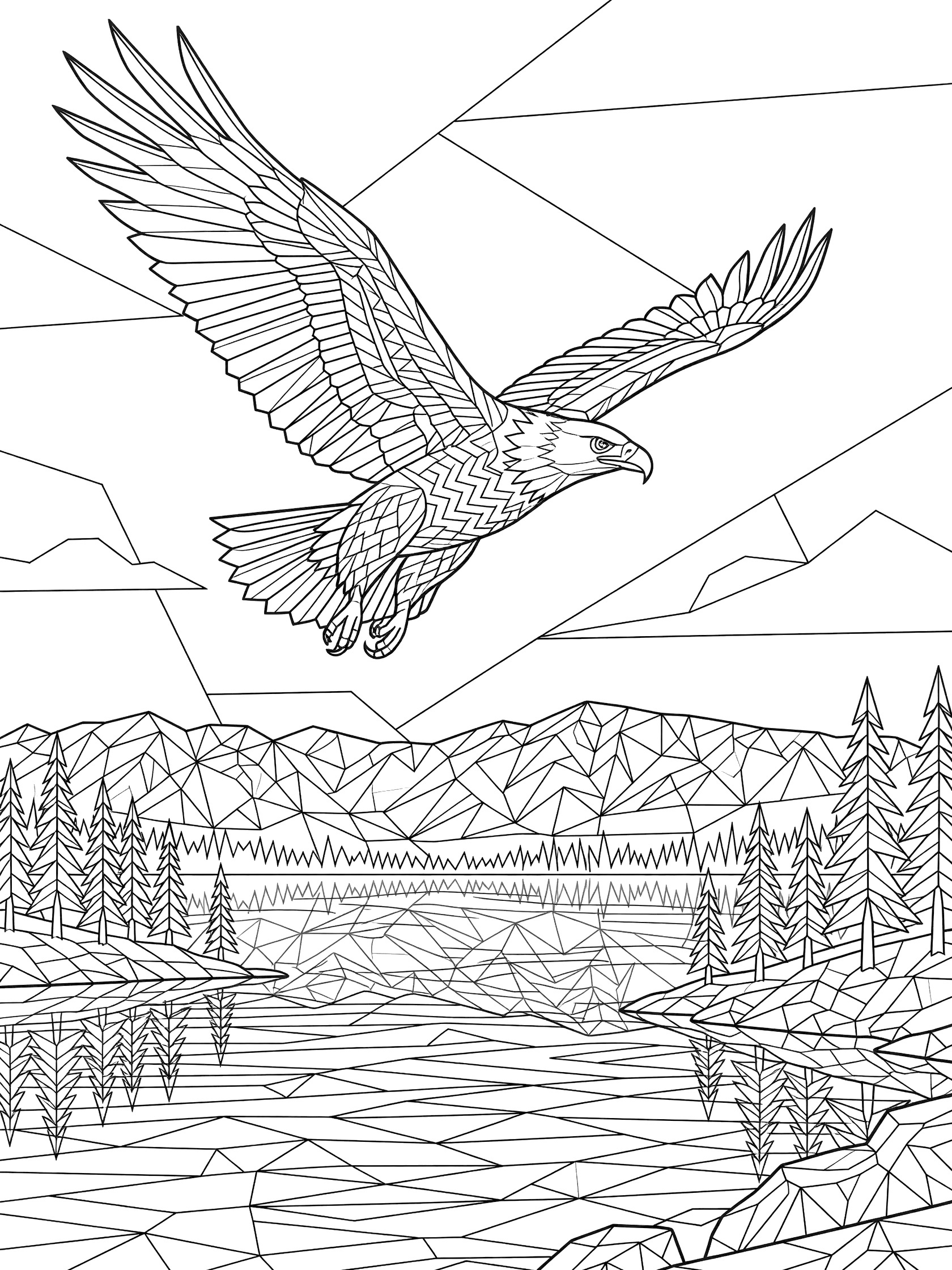 Black-and-white coloring page of a bald eagle in flight over Lake Tahoe with geometric triangle patterns on wings, lake ripples, pine trees, and angular mountains.