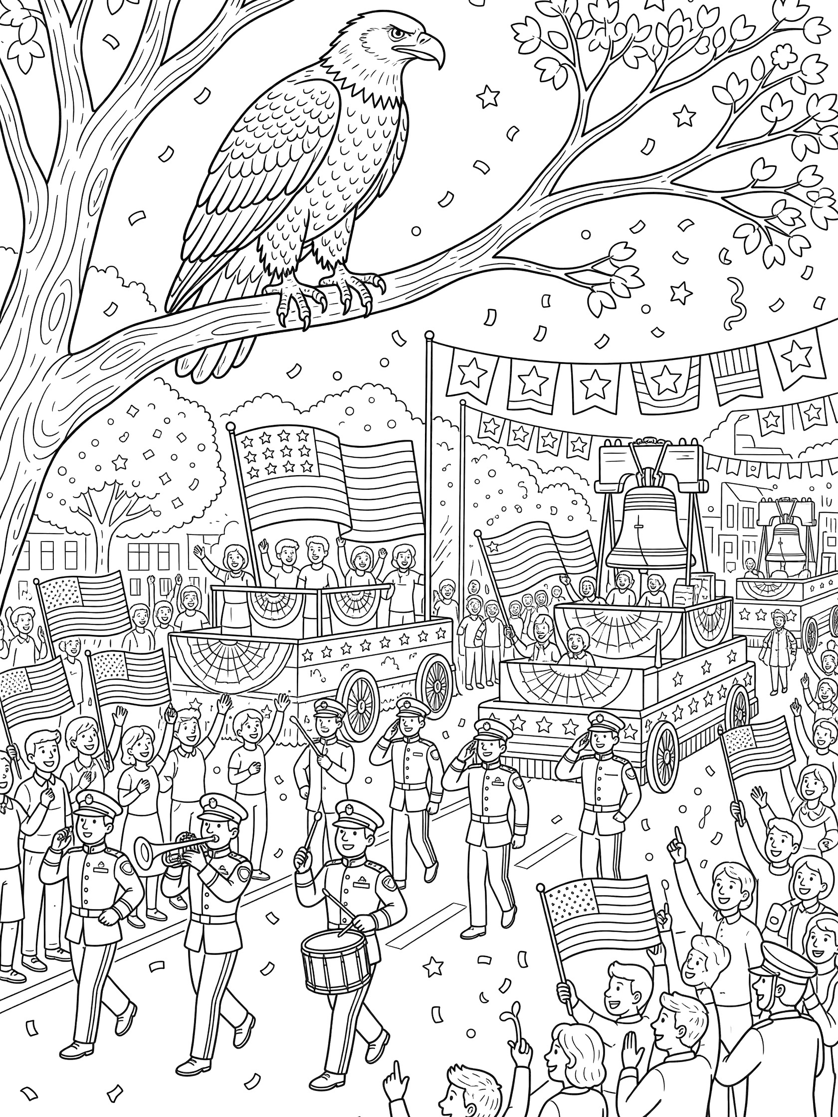 Bald eagle on tree branch surveying 4th of July parade with American flags, marching band, crowds, and festive banners coloring page