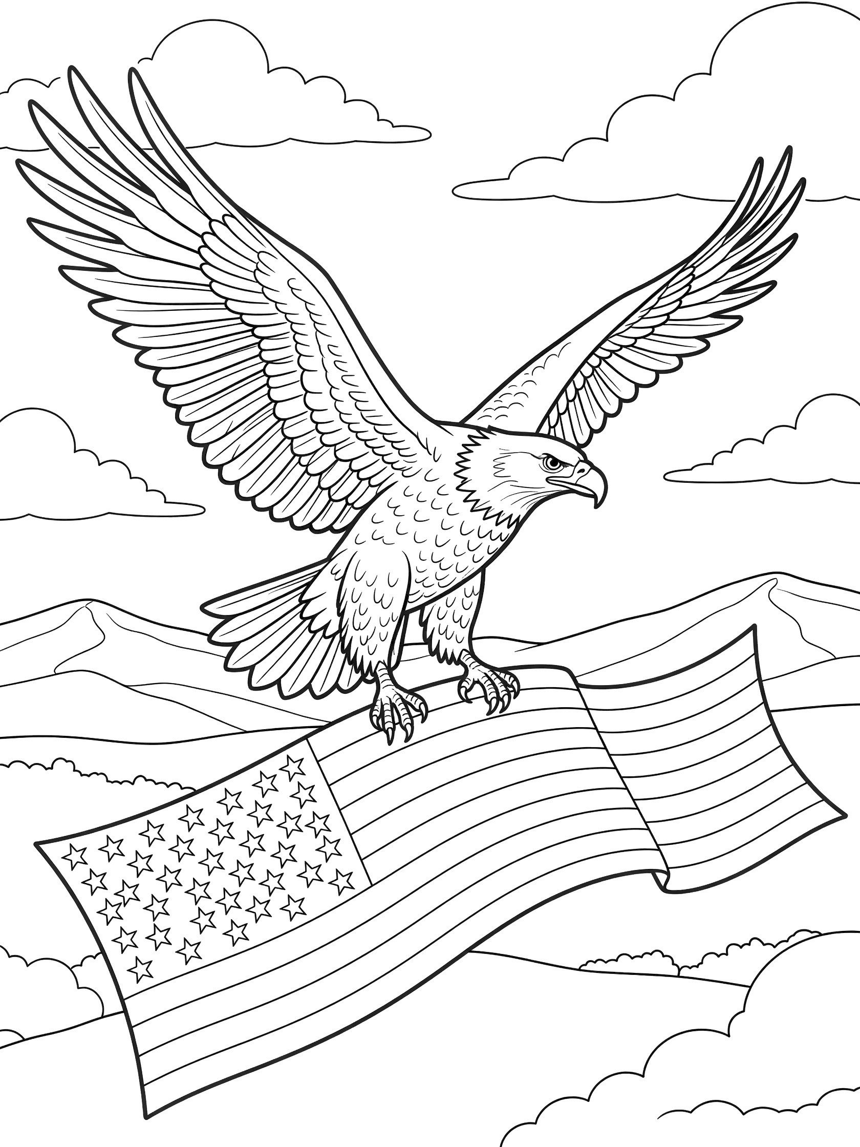 Black-and-white coloring page of a bald eagle clutching a long stars and stripes banner while flying over hills and clouds