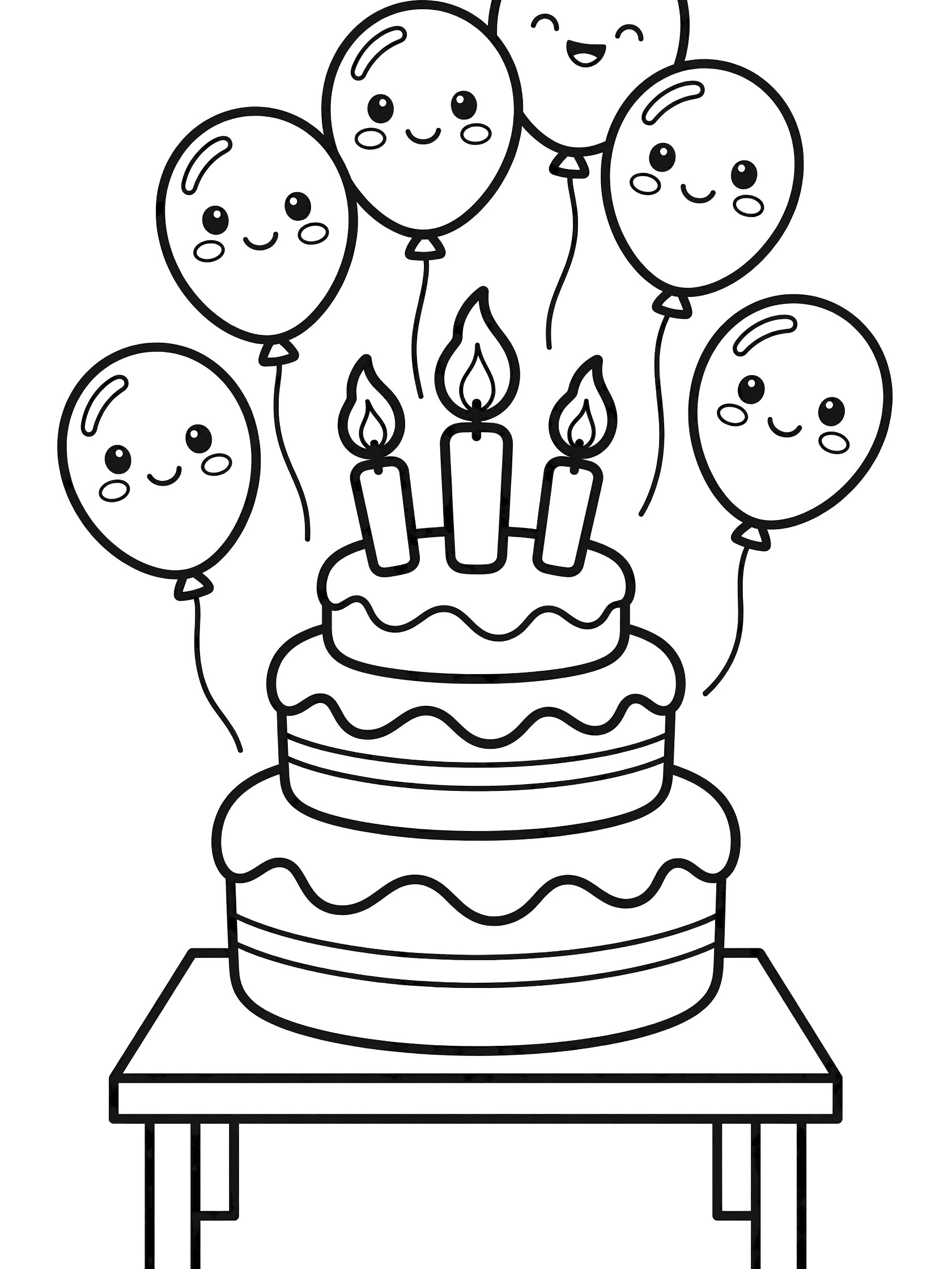 Black and white line art of a birthday cake with three candles surrounded by happy face balloons on a table