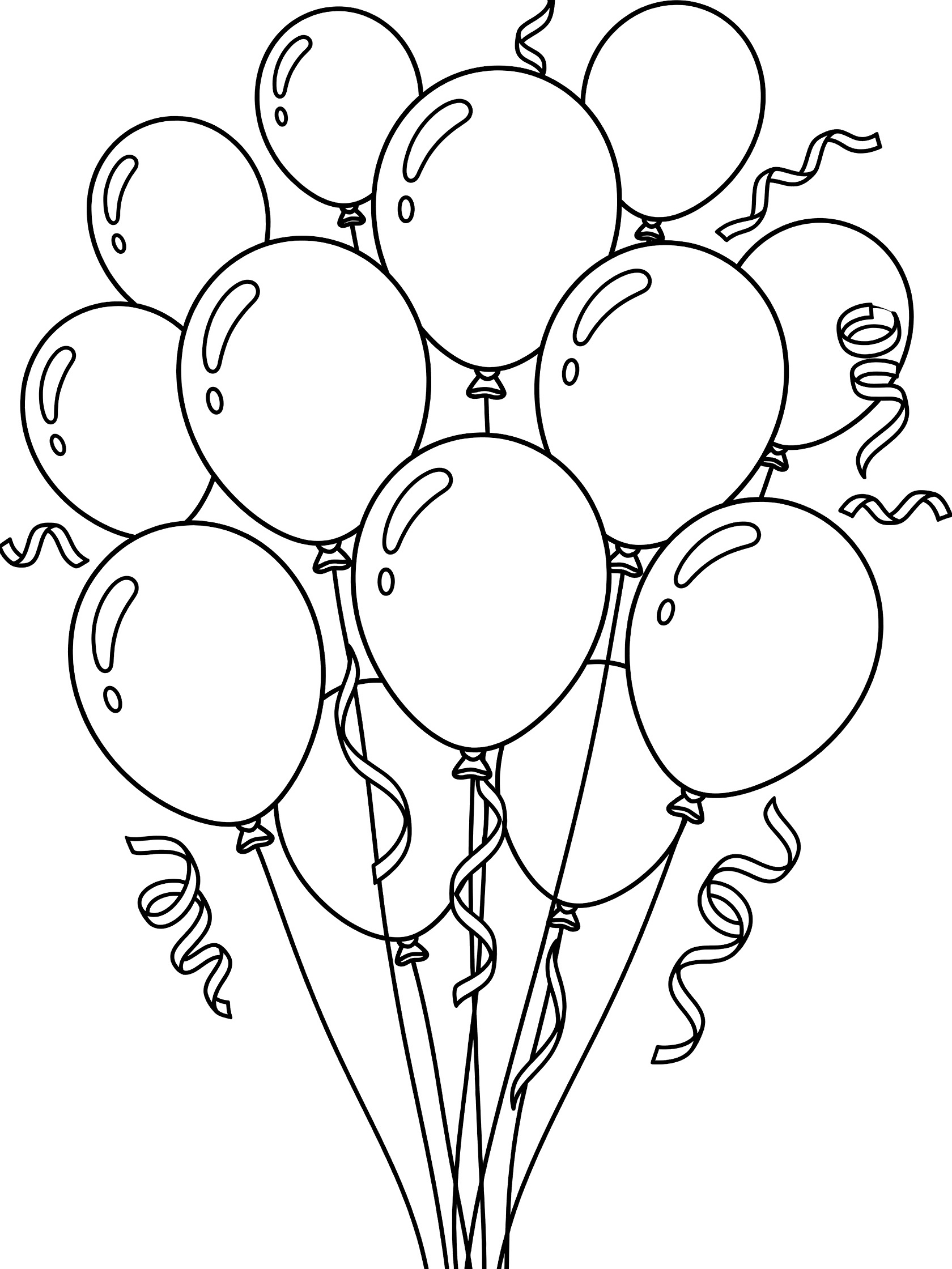 Black and white line art coloring page showing a bouquet of large round balloons in a cluster, tied together with curly ribbons floating upward. 80th Birthday themed black and white printable line art