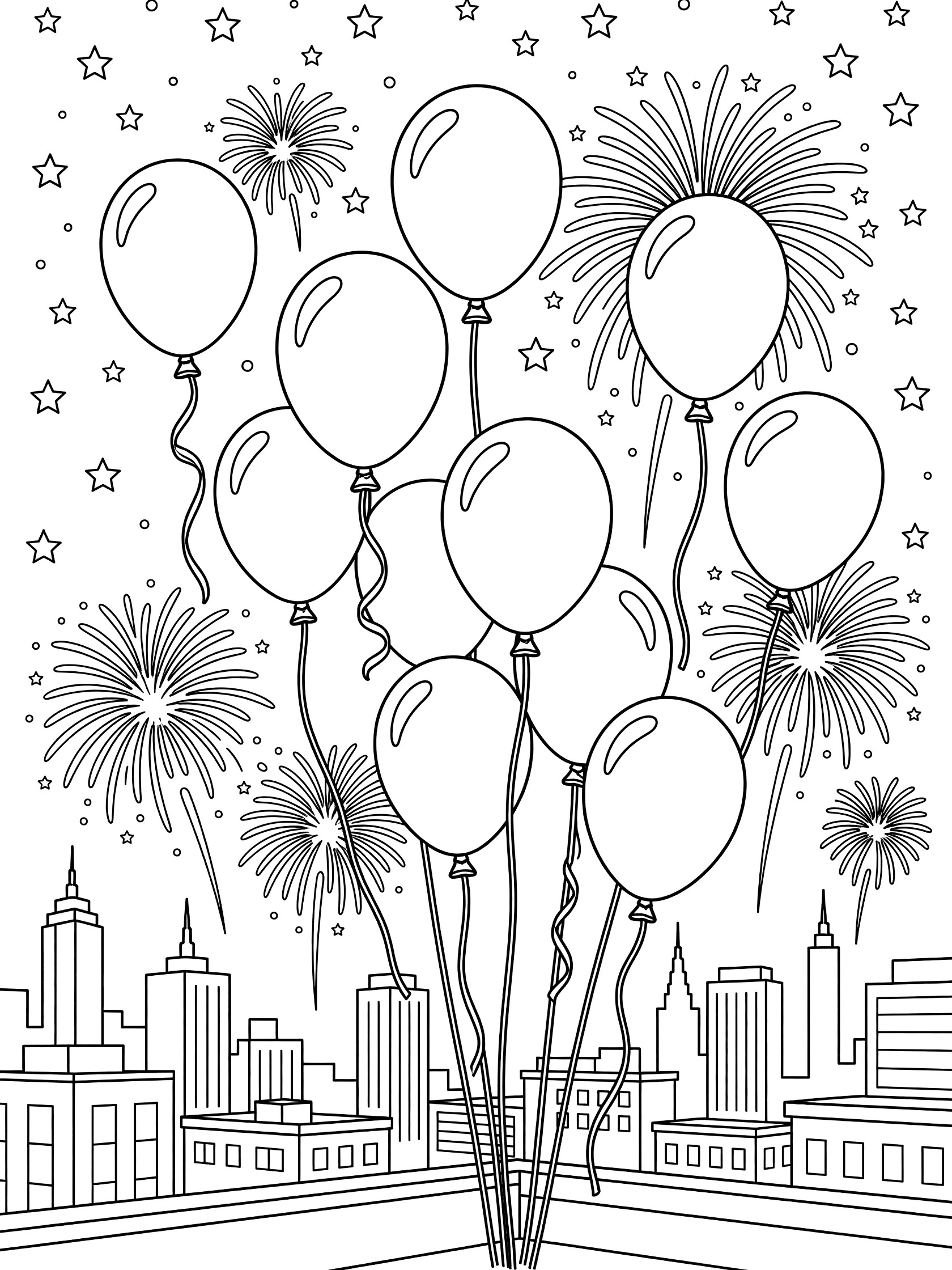 Coloring page showing a cluster of balloons floating over a rooftop with exploding fireworks, city buildings, and stars in the night sky.