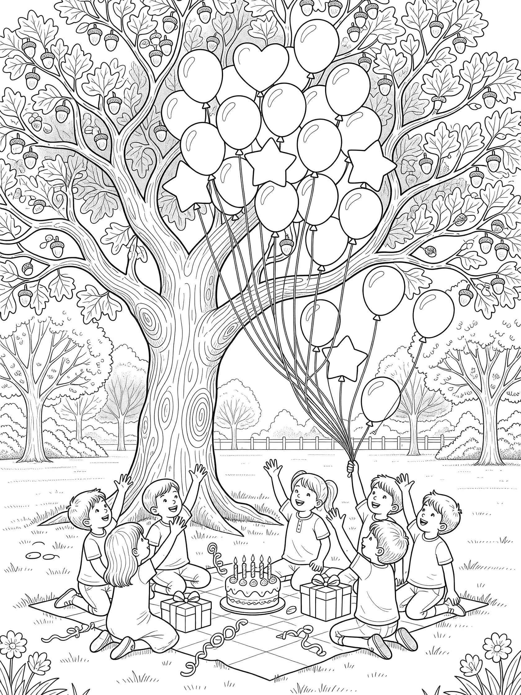 Coloring page showing balloons caught in tree branches with children, birthday cake, and picnic blanket in a park.