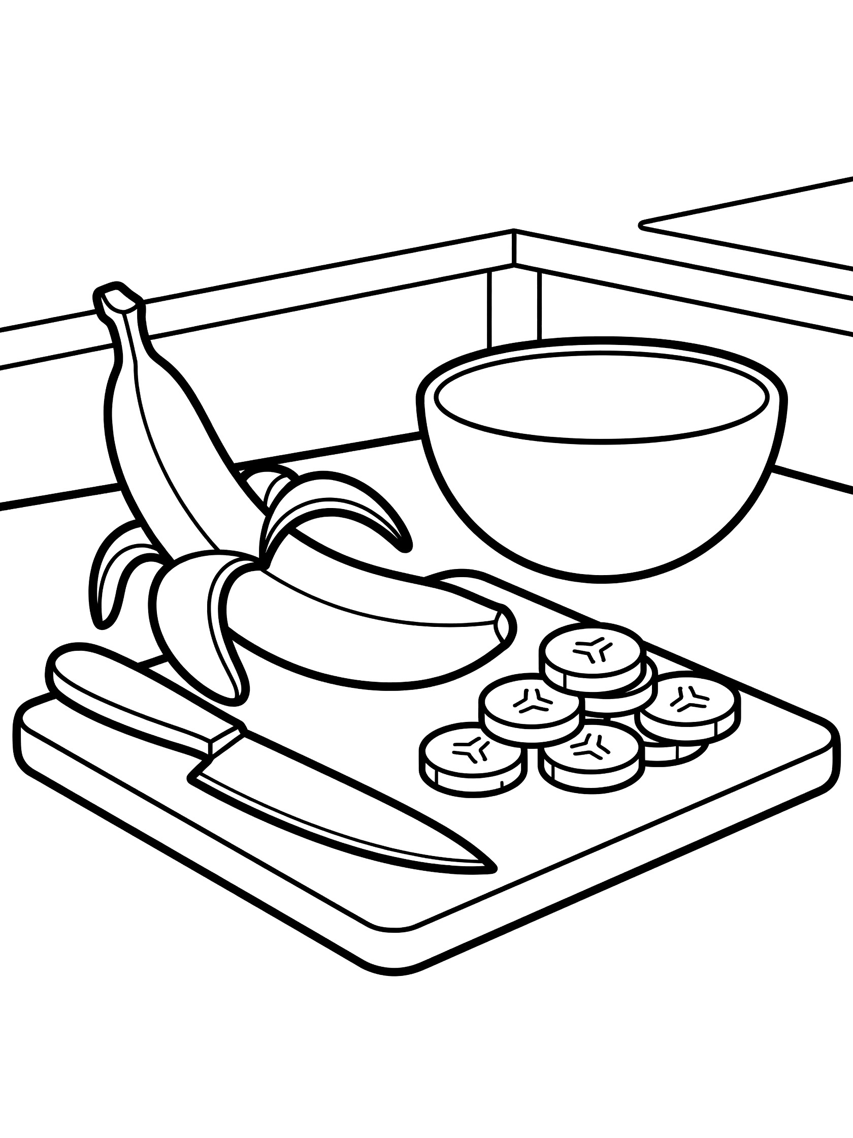 Printable coloring page showing a banana being sliced on a wooden cutting board with knife, even slices, and empty bowl in a simple kitchen scene