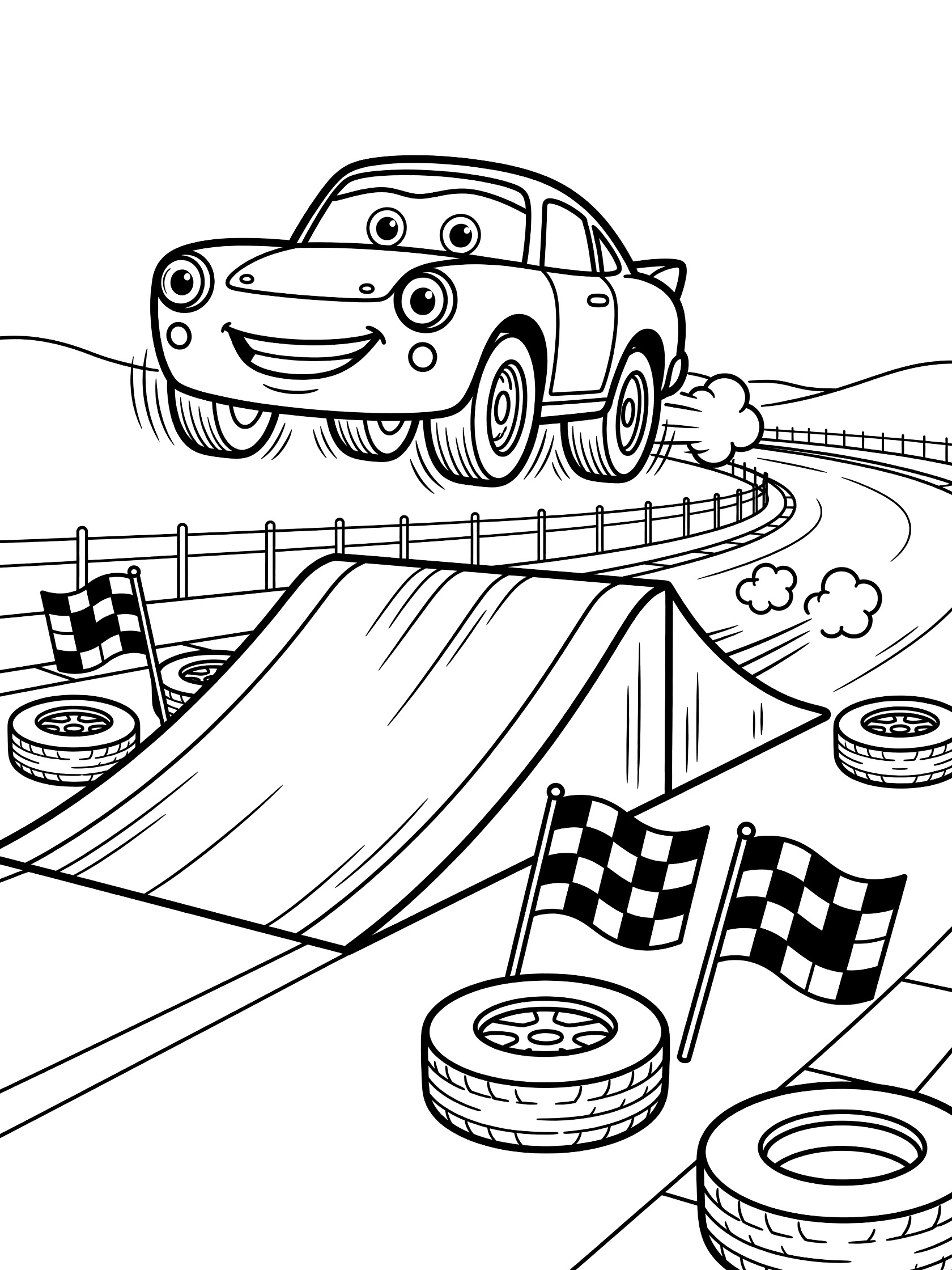 Black and white line art of a cheerful Bandolero race car with big headlight eyes and grille smile jumping over a ramp, surrounded by tires and checkered flags on a racetrack.