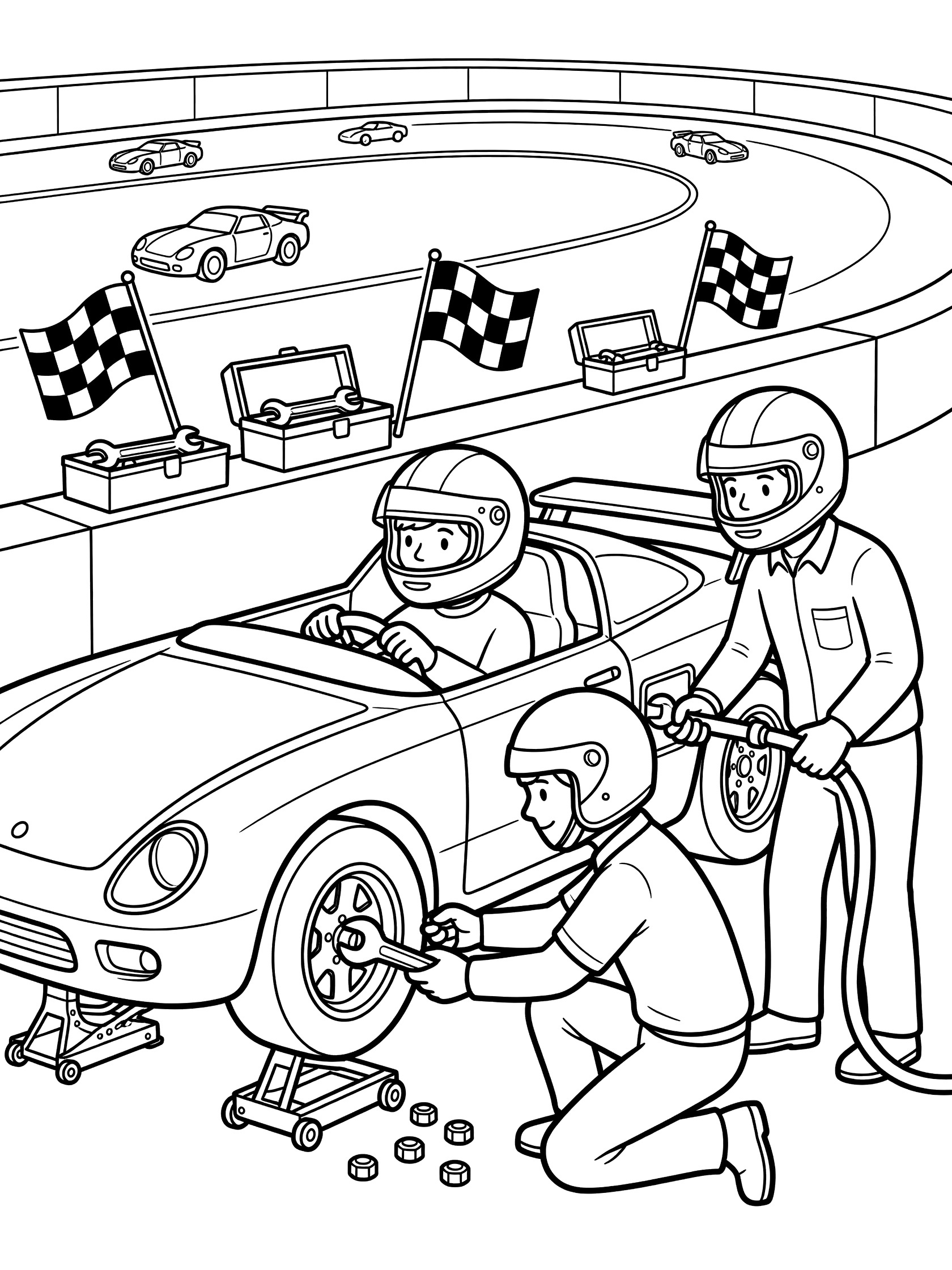 Black and white line art of a Bandolero race car on a jack during a pit stop, with crew members using a wrench on the tire and a fuel hose, young helmeted driver in the cockpit, toolboxes, checkered flags, and racetrack in the background.