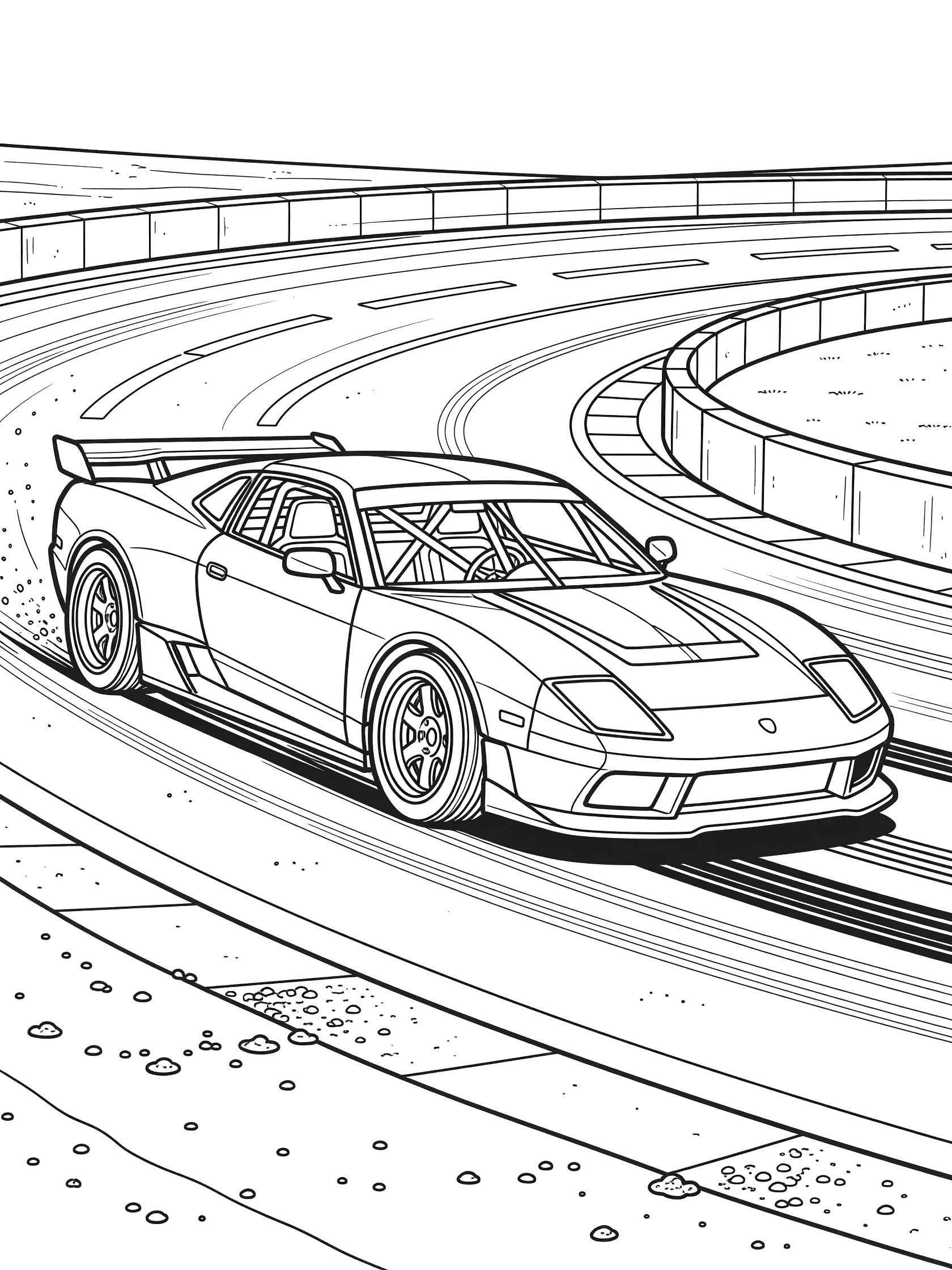 Black and white line art of a Bandolero race car in a dynamic drift turn on a curved track with barriers, lane lines, and skid marks behind the sliding rear tires.