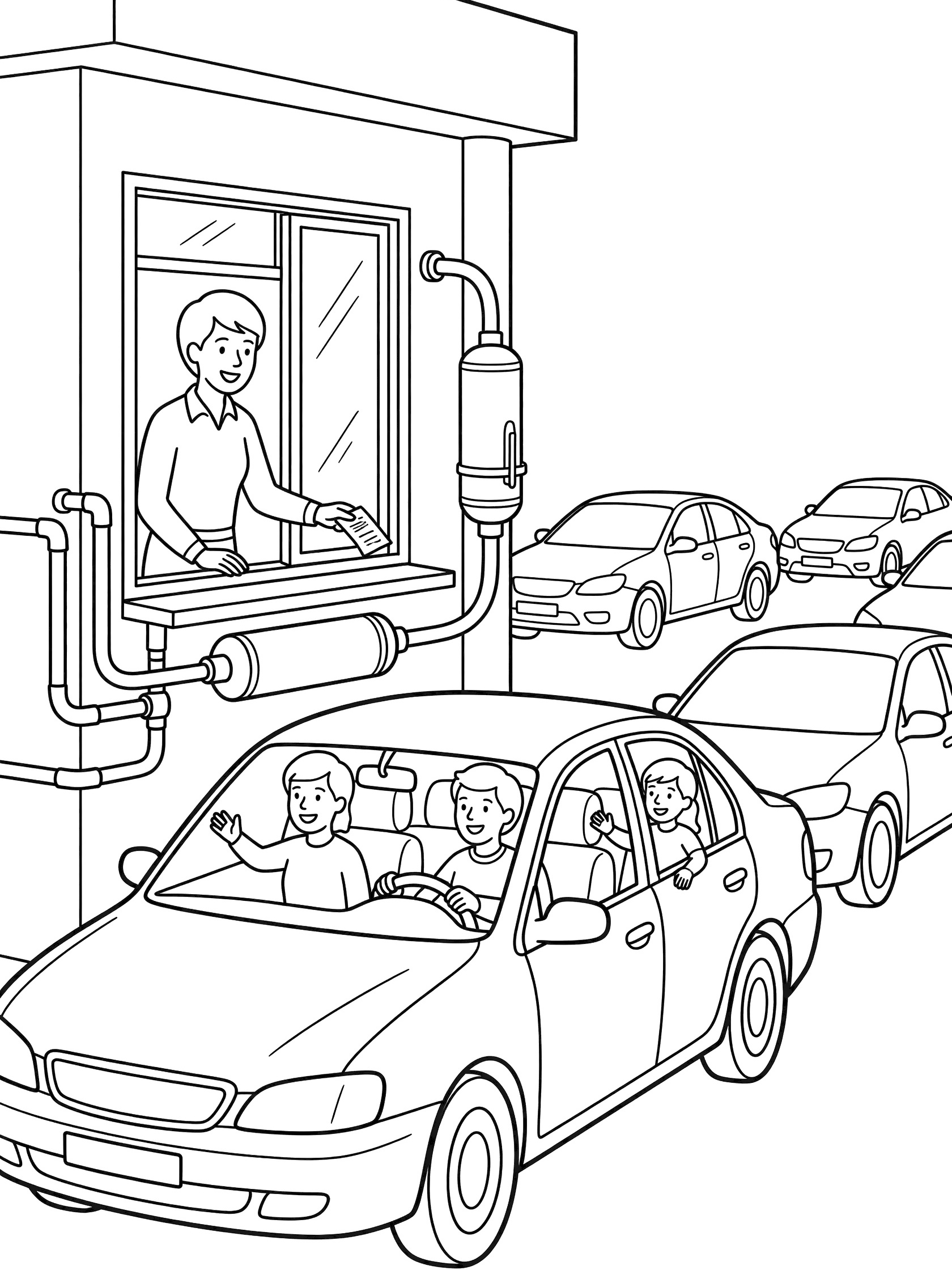 Black and white line art of a bank teller at a drive-thru window extending a receipt to a family car below, with pneumatic tube canister and cars waiting.