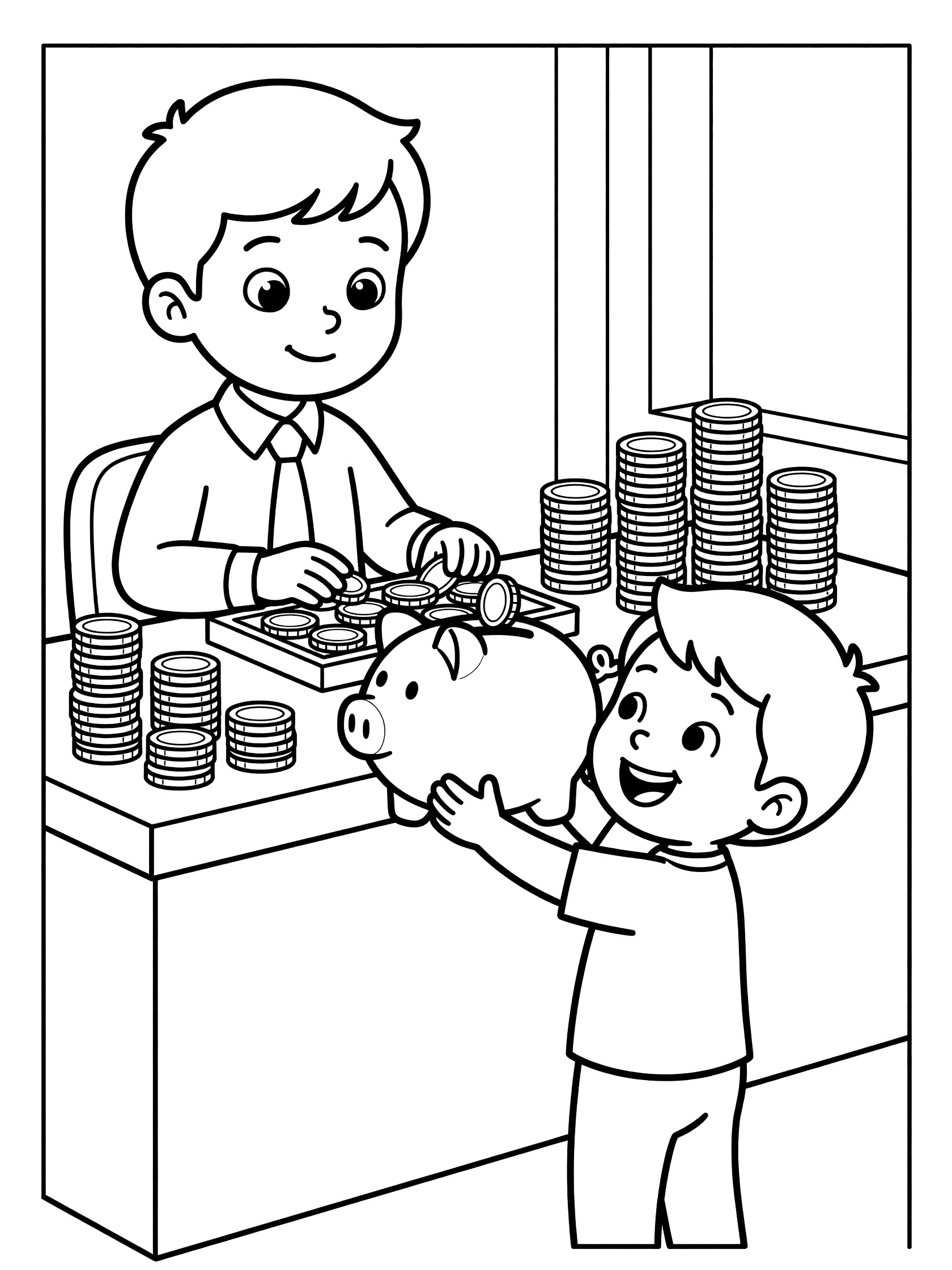 Line art coloring page showing a bank teller in shirt and tie counting coins from a tray and stacks into a round piggy bank held by a happy child inside the bank.