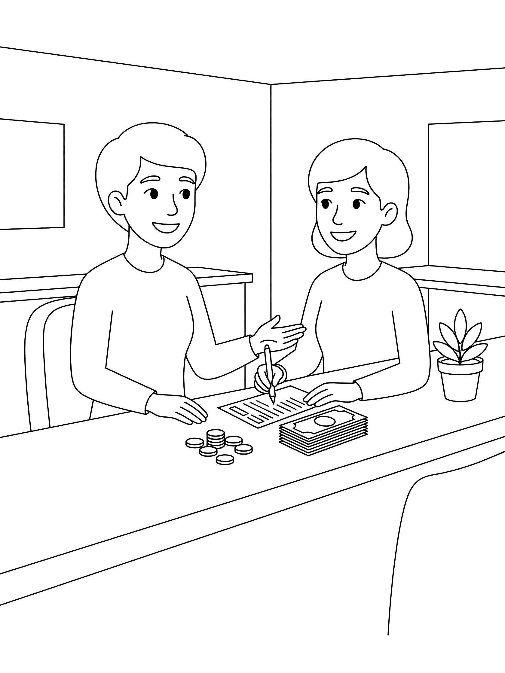 Black and white line art coloring page showing a bank teller assisting a smiling customer at the bank counter with deposit slip, coins, and bills.