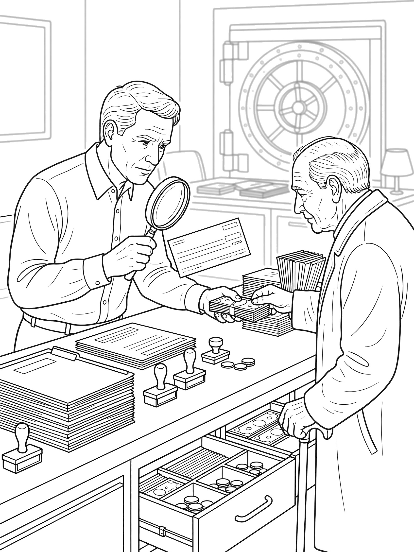 Black and white line art of bank teller using magnifying glass on check while giving change to elderly man at bank counter with vault in background