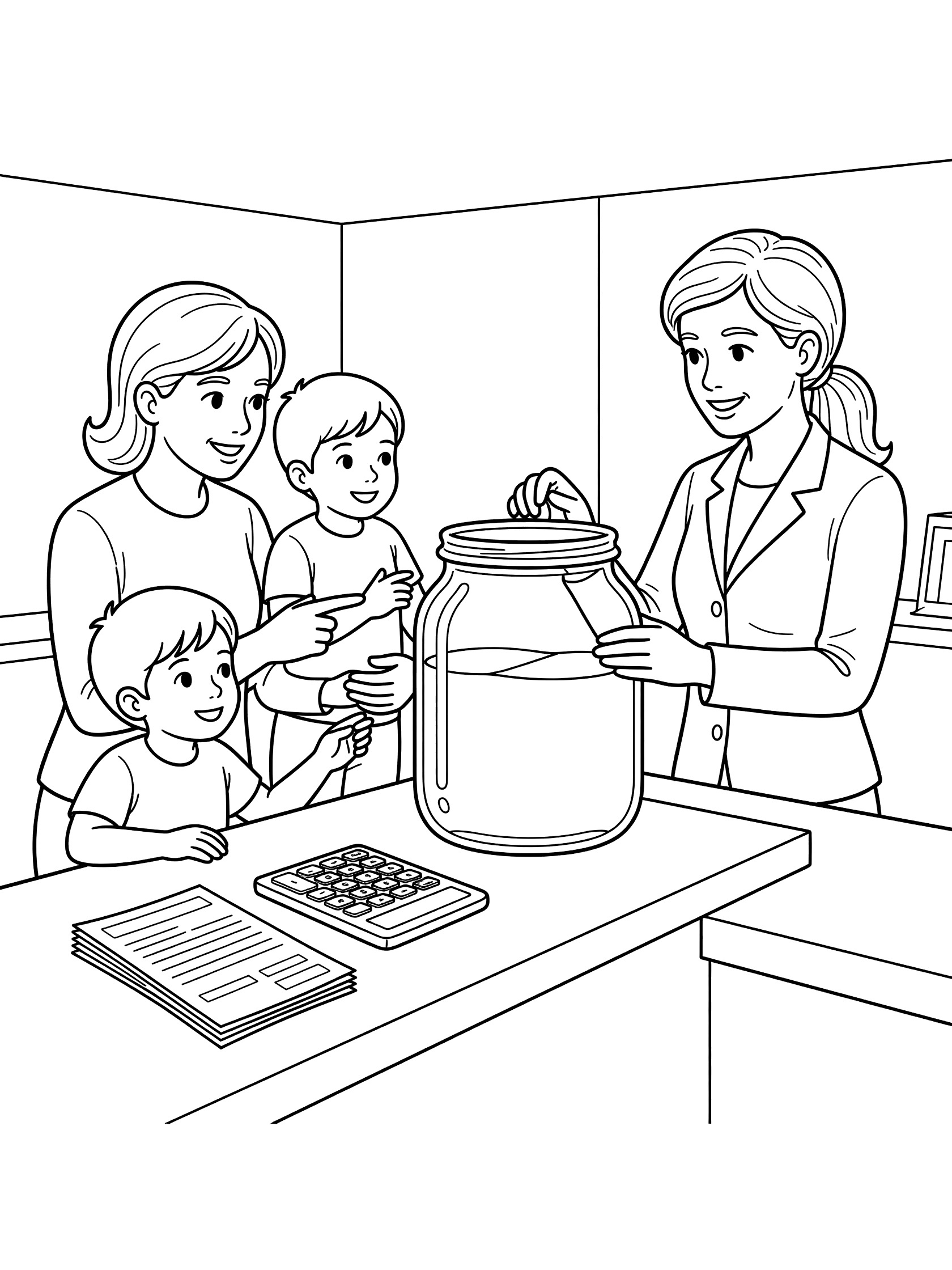 Black and white line art coloring page showing a bank teller assisting a mom, dad, and two boys with a large savings jar at the bank counter