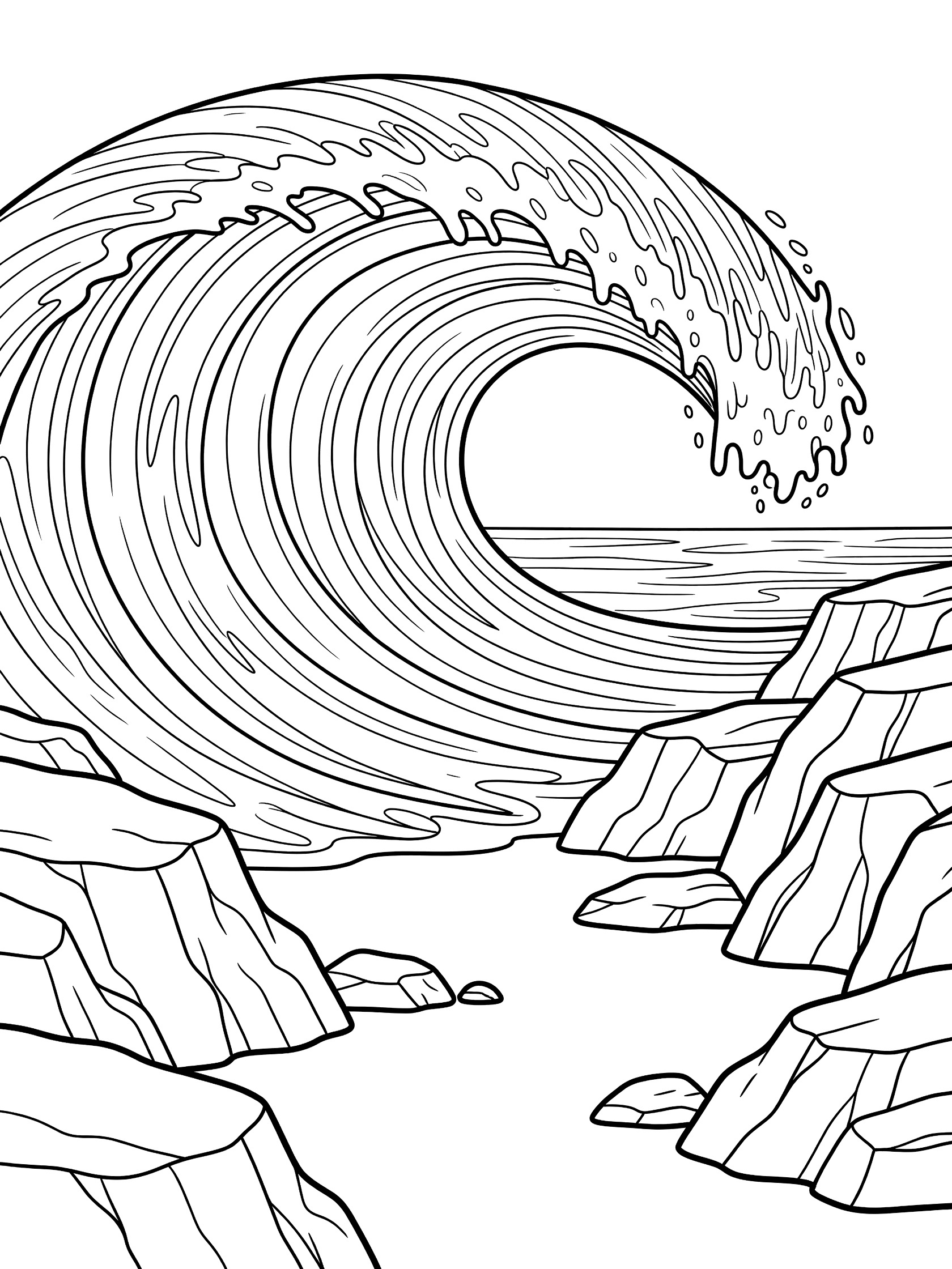 Black and white line art of a massive curling ocean wave at Banzai Pipeline arching over reef rocks with foam spray, printable coloring page