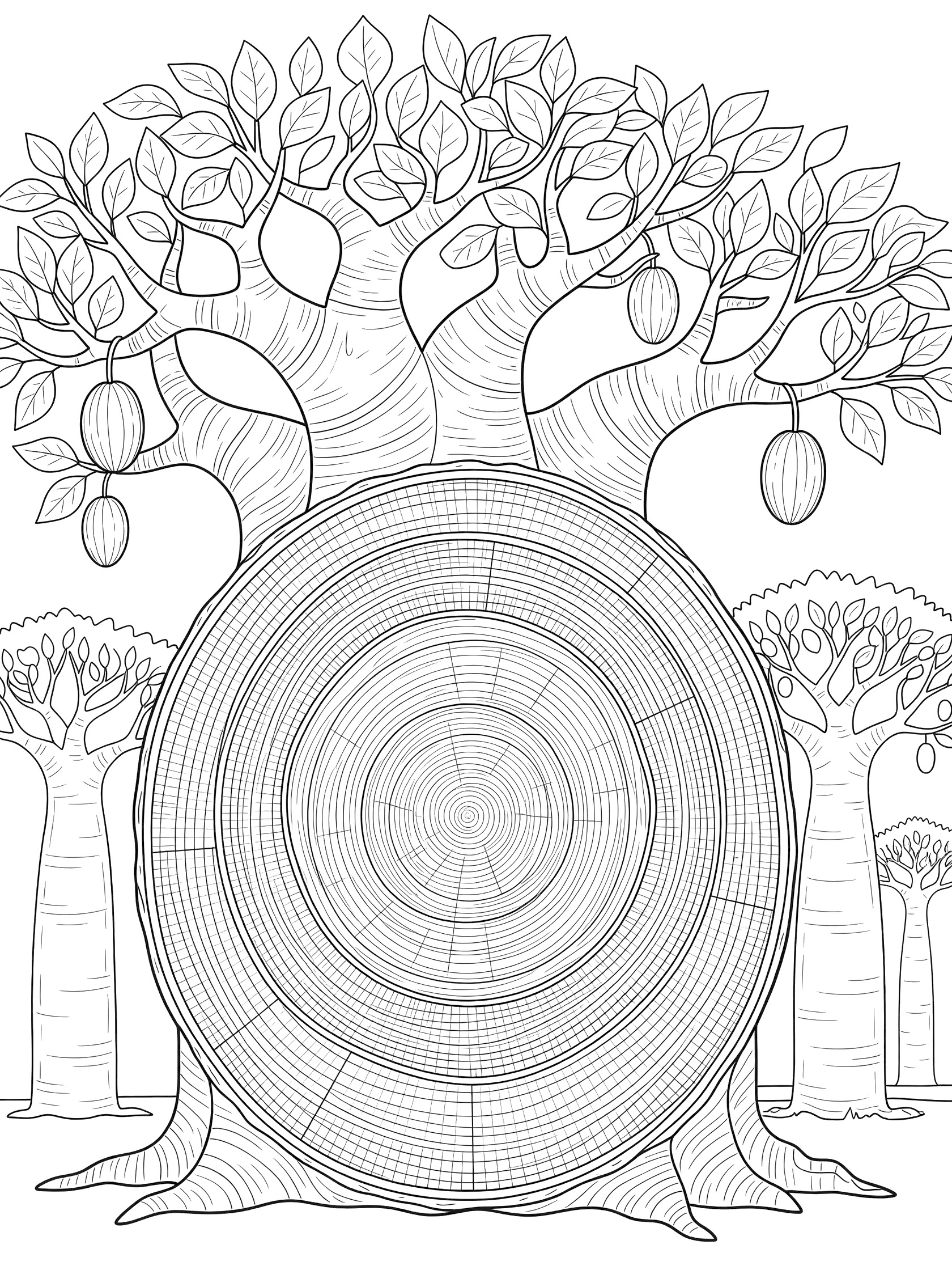 Black and white line art coloring page of a baobab tree showing trunk cross-section with rings, fibrous patterns, outline leaves, fruits, and surrounding trees.