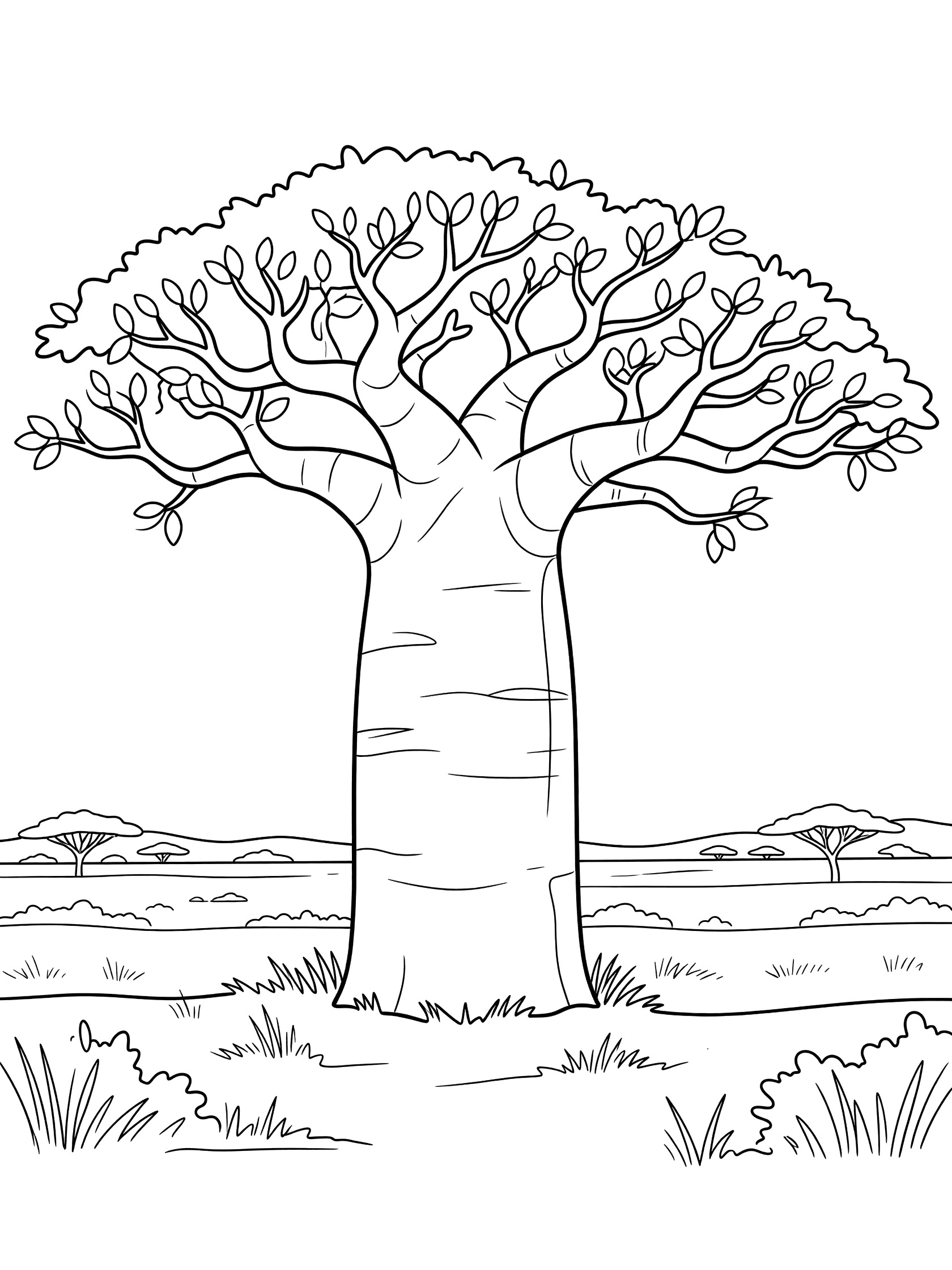 Black and white line art of a large baobab tree with thick trunk and spreading branches in a savanna scene with grass and distant hills.