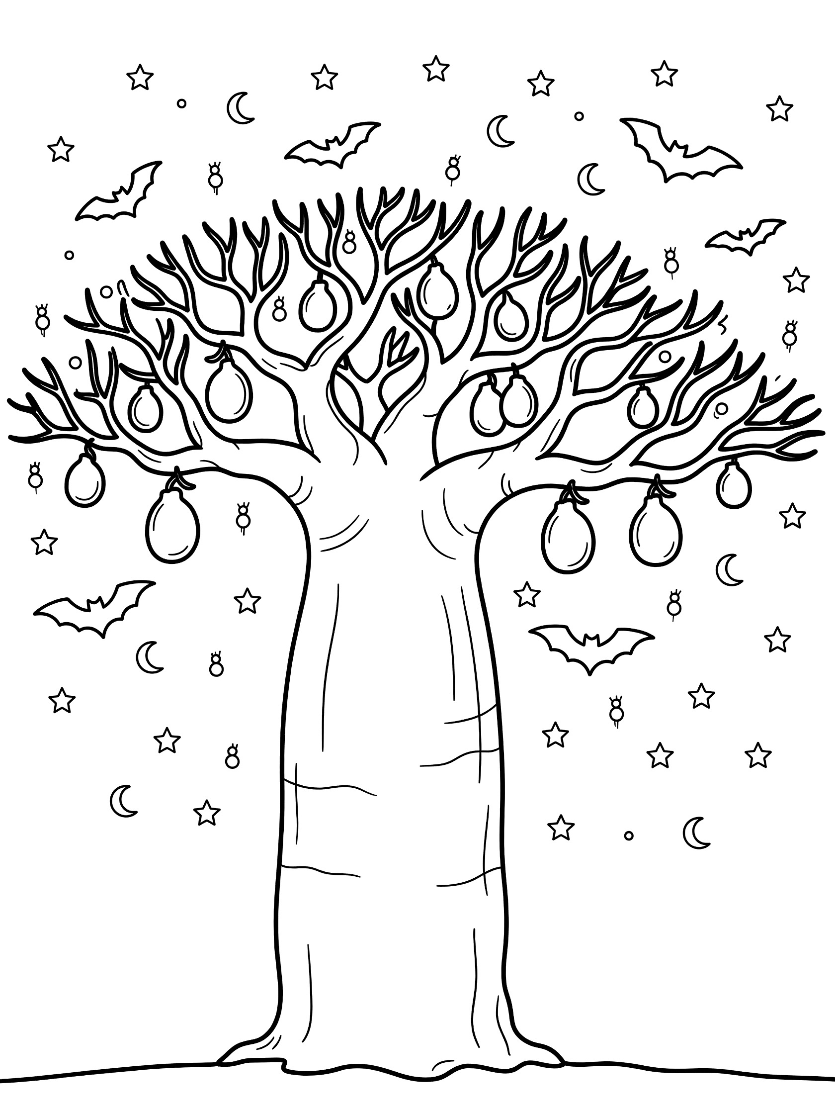 Black and white coloring page showing a large baobab tree with fruits on branches bats in flight stars and moons in the night sky