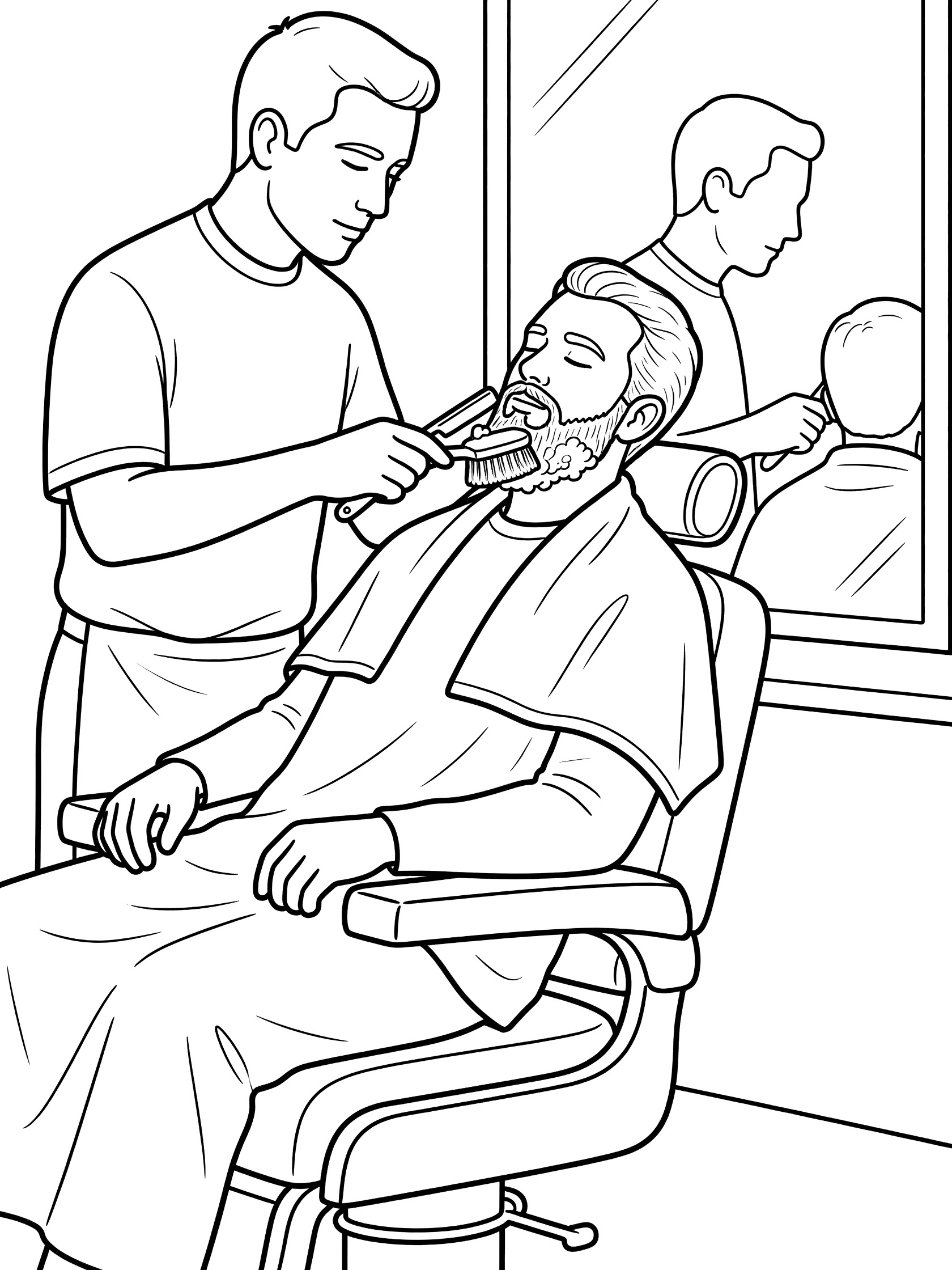 Black and white line art of a barber shaving a bearded man's face in a barber chair, with mirror reflection, straight razor, brush, and towel.