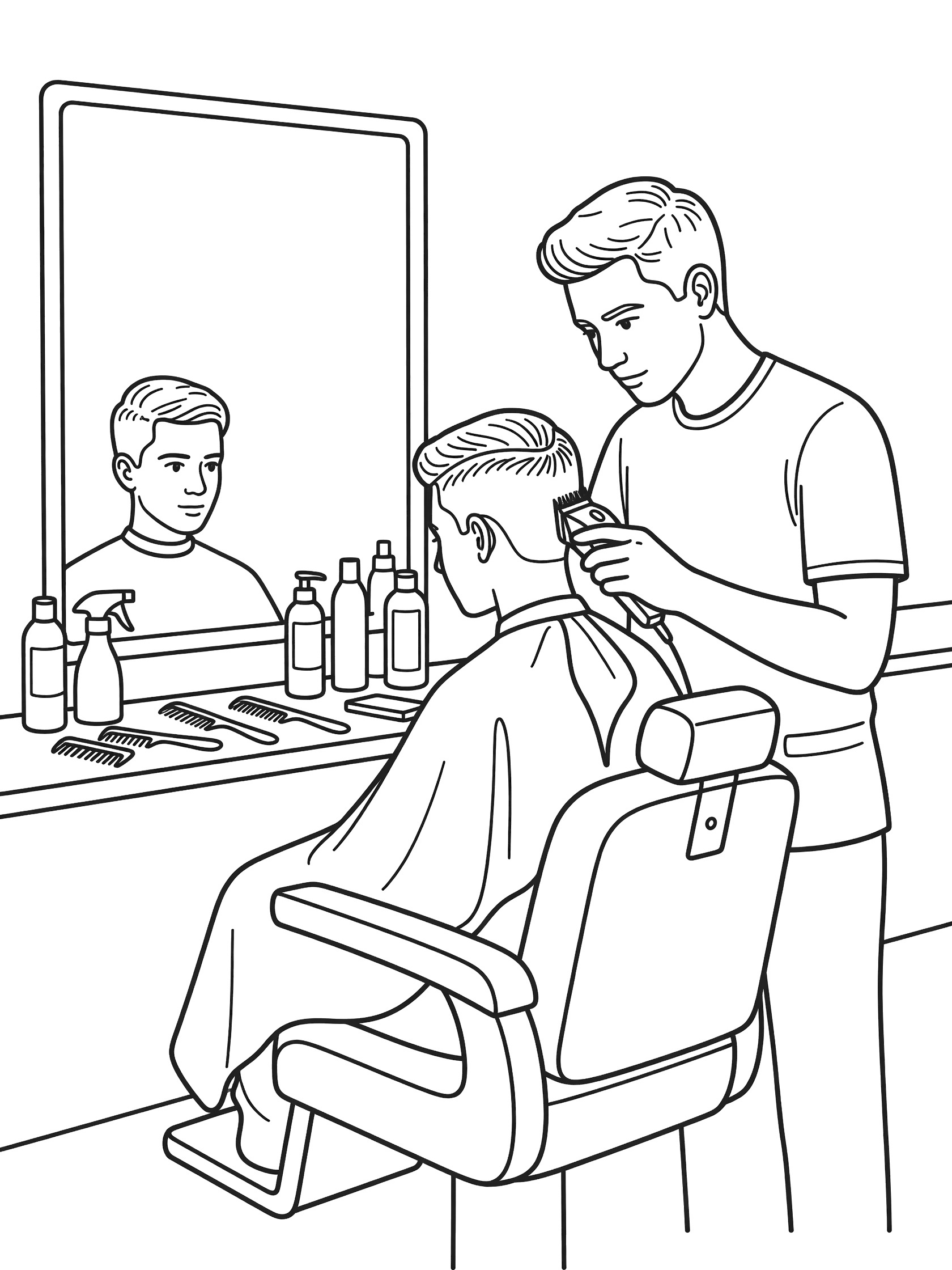 Line art coloring page showing a barber styling a teen boy's fade haircut with electric clippers while he checks the mirror. Barber shop shelf has combs, spray bottle and products.