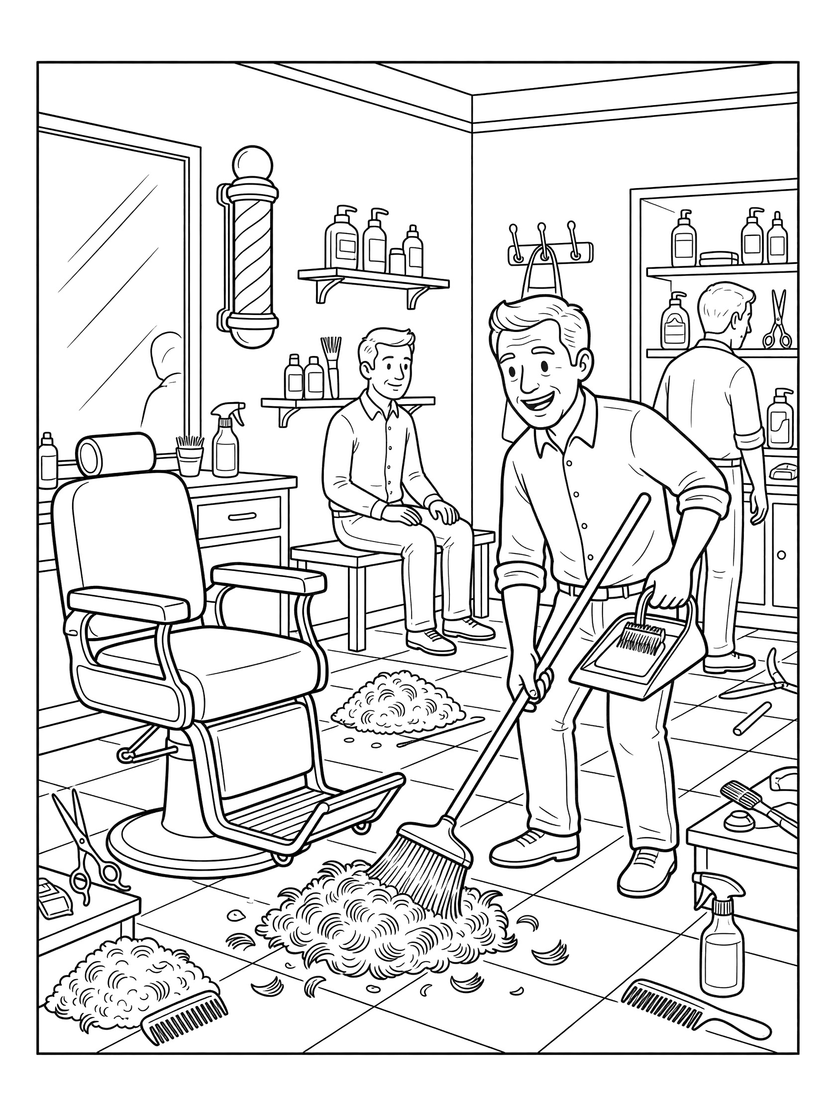 Line art coloring page showing a smiling barber sweeping hair clippings from the floor with broom and dustpan. Barber shop has chair, mirror, waiting customers, shelves and scattered tools.