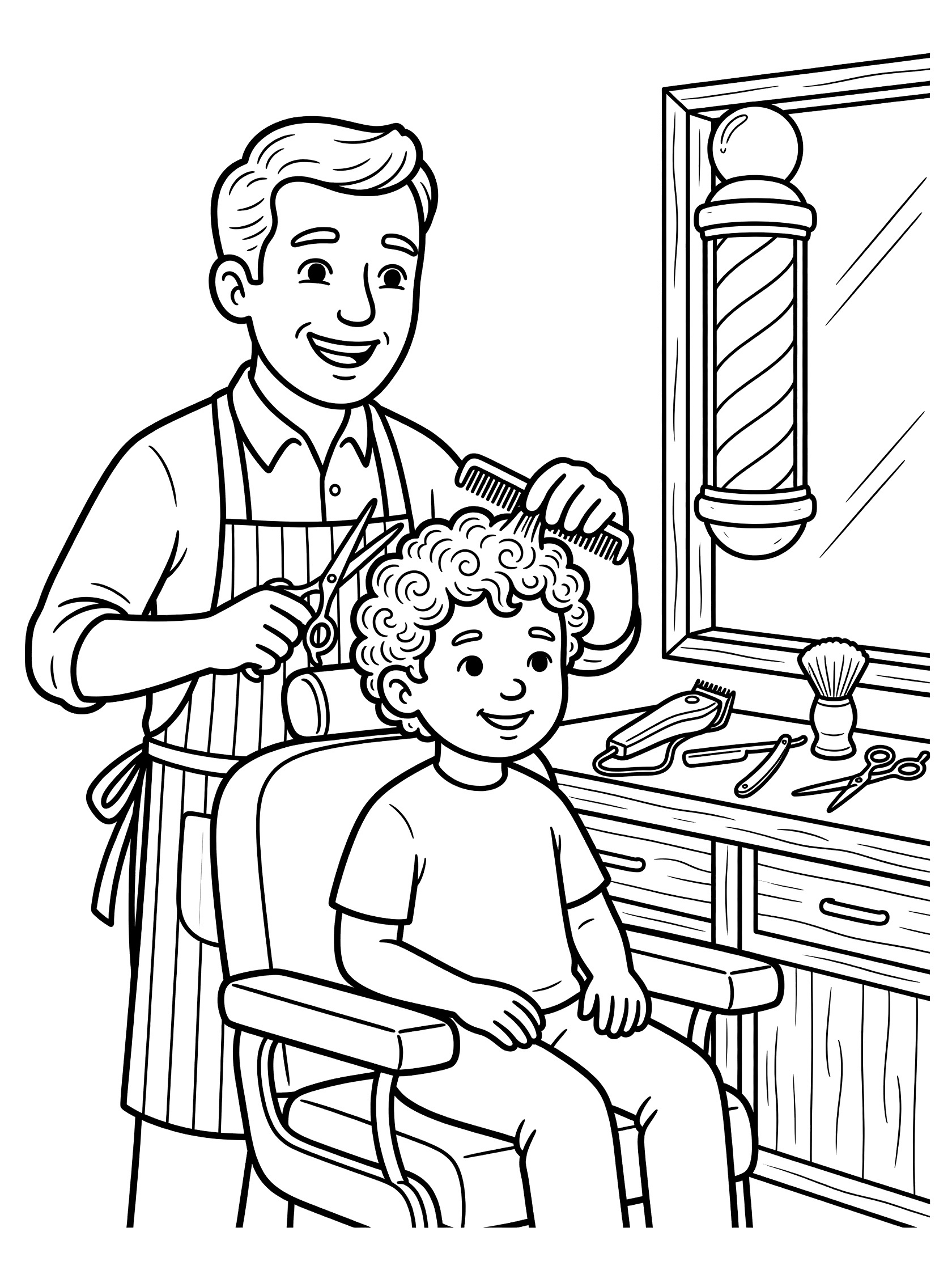 Black and white line art of cheerful barber using scissors and comb on boy's curly hair, barber pole in window, tools on counter