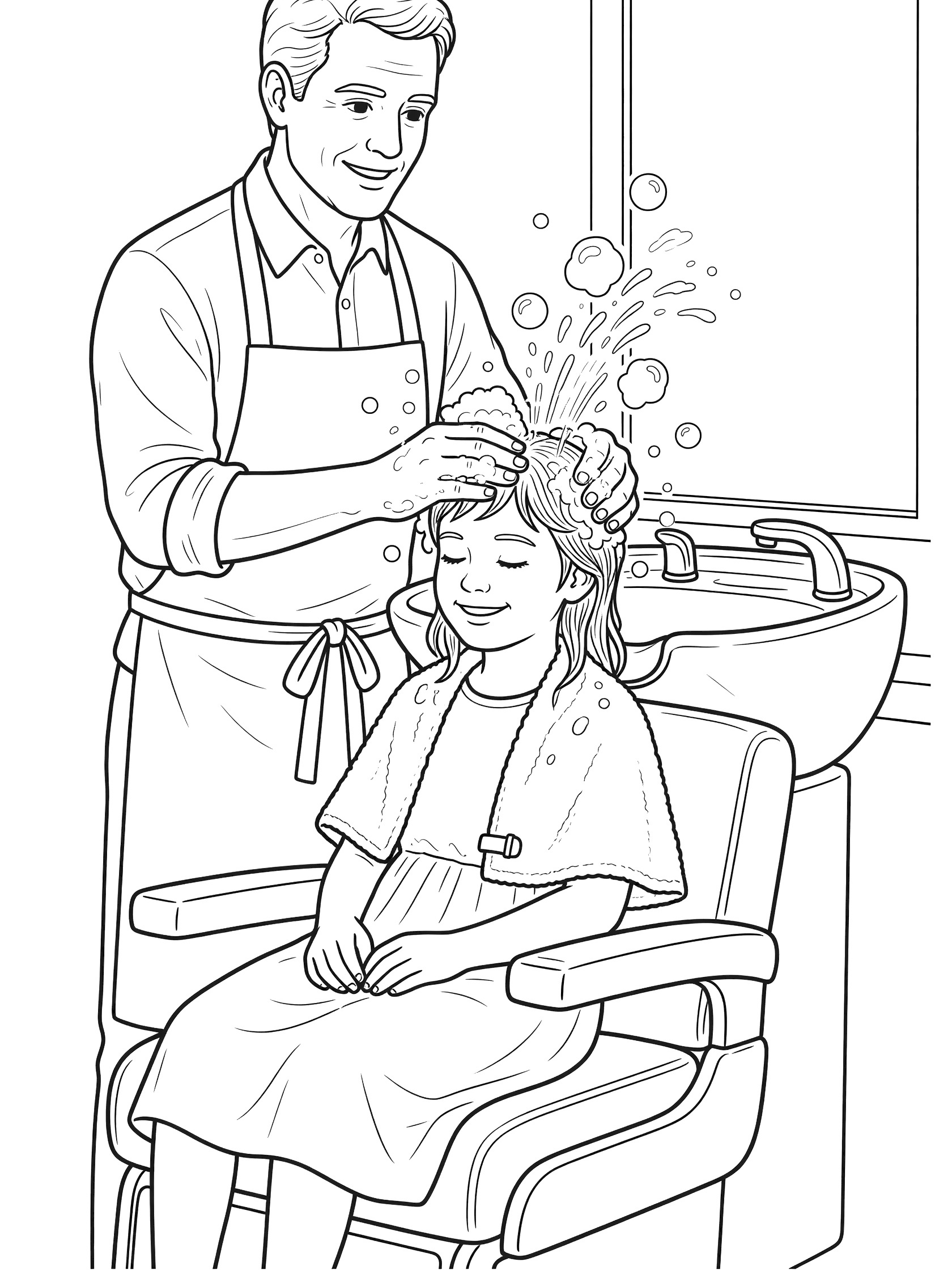 Black-and-white line art of a barber gently washing a smiling girl's hair in the shop sink with water sprays and bubbles, girl in chair with towel cape.