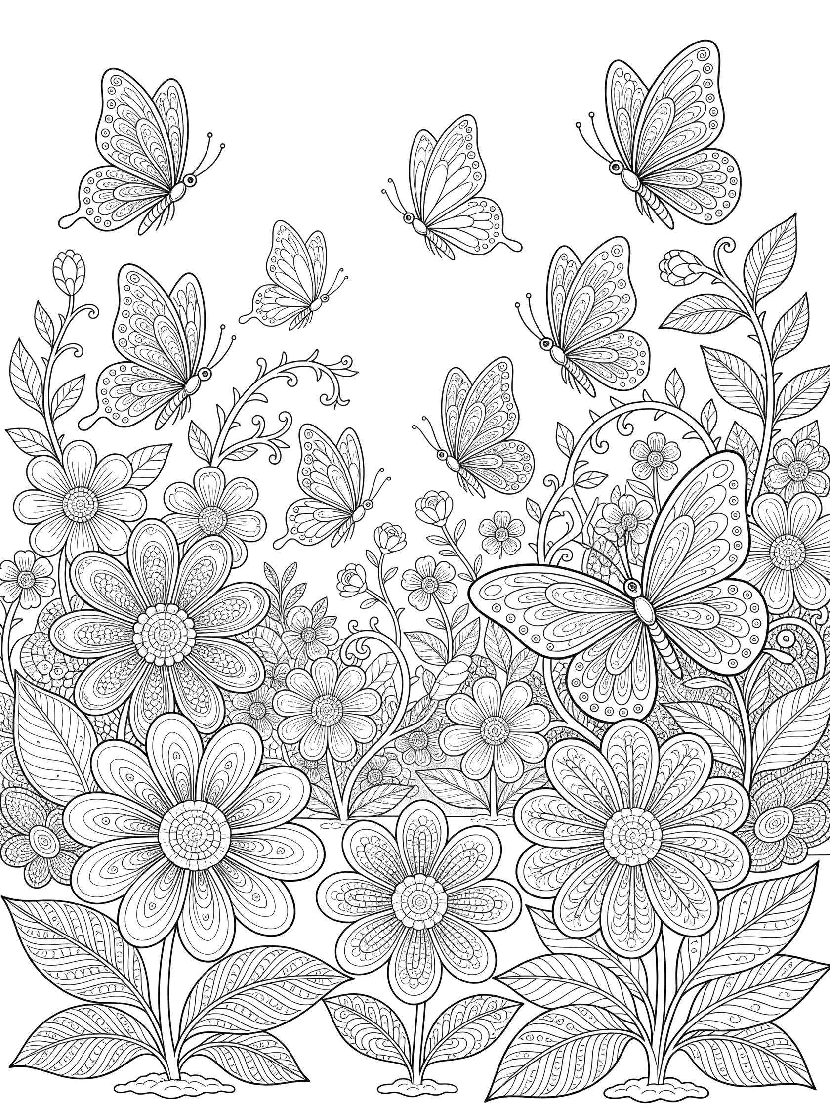 Black and white zentangle style coloring page of Bardot Butterfly Garden with patterned flowers, lush leaves, and butterflies fluttering among vines.
