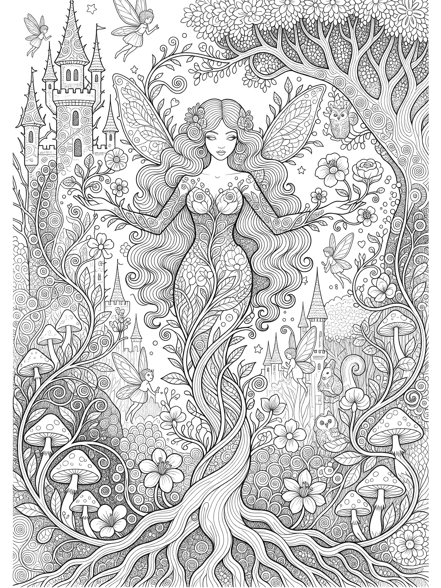 Intricate zentangle coloring page showing a Bardot fairy maiden formed from twisting vines, with long wavy hair, outstretched arms holding blooms, fairy wings, pixies, mushrooms, thorny castle towers, and hidden critters in foliage.