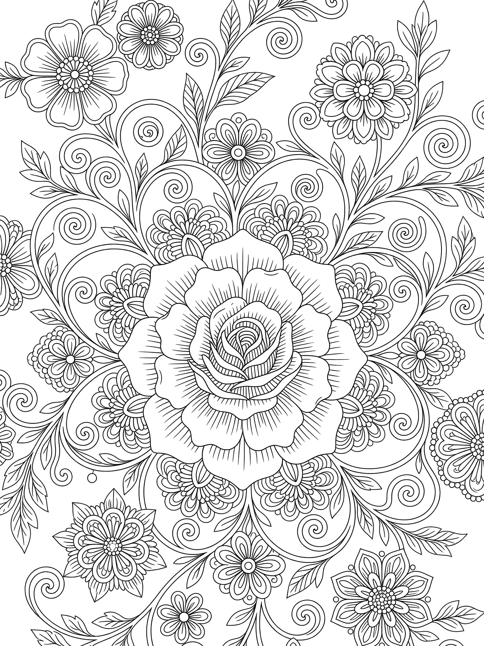 Black and white Bardot floral mandala coloring page showing a large central rose surrounded by vines, leaves and repeating flower patterns.
