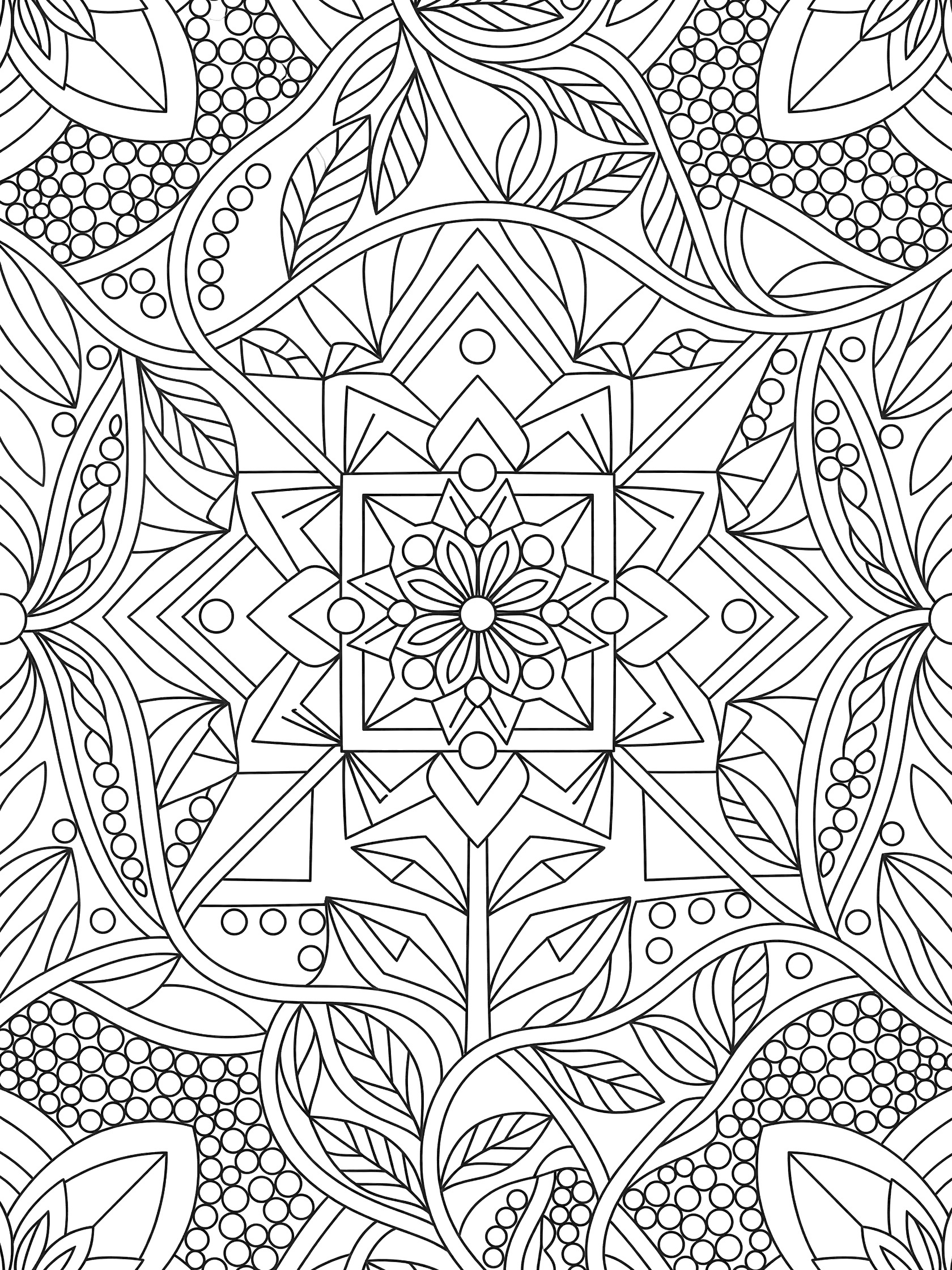 Bardot geometric flower tile coloring page with symmetrical central flower, geometric shapes, vines, leaves, and Zentangle patterns in bold black lines on white background.