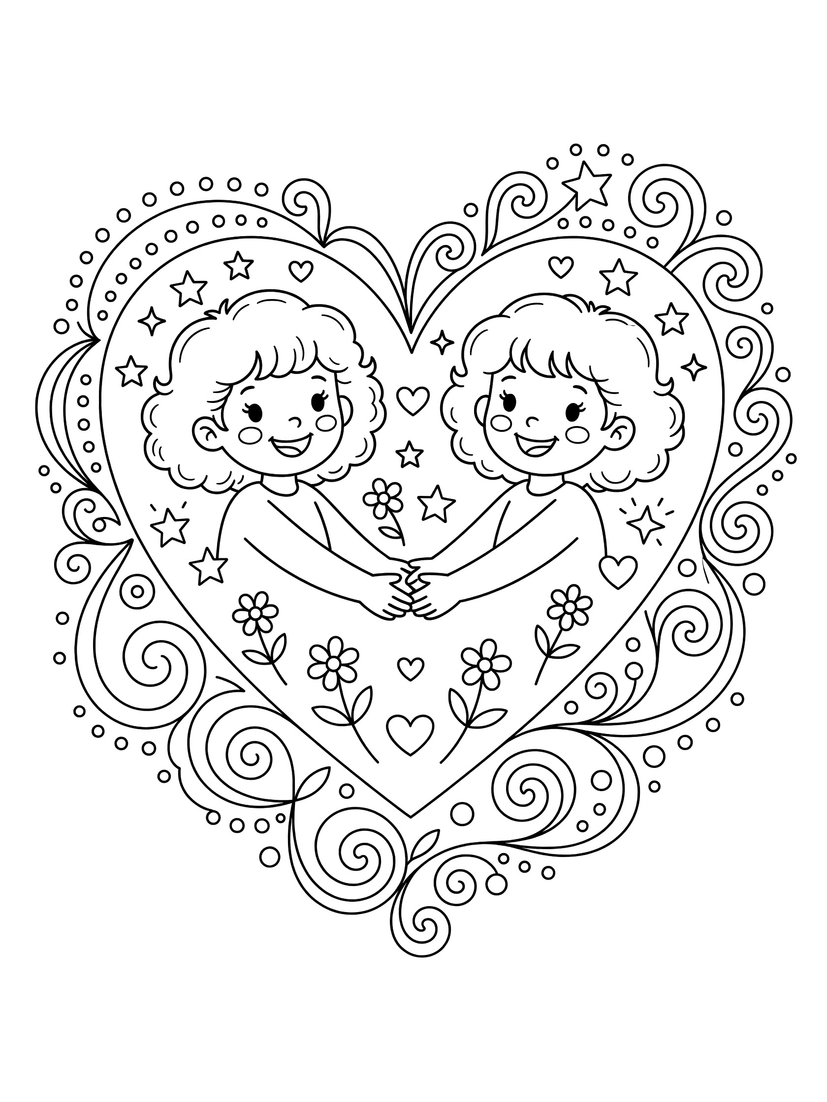 Black and white line art coloring page showing two smiling cartoon girls with Bardot hairdos forming a heart by holding hands, with zentangle patterns, vines, stars, and tiny flowers around.
