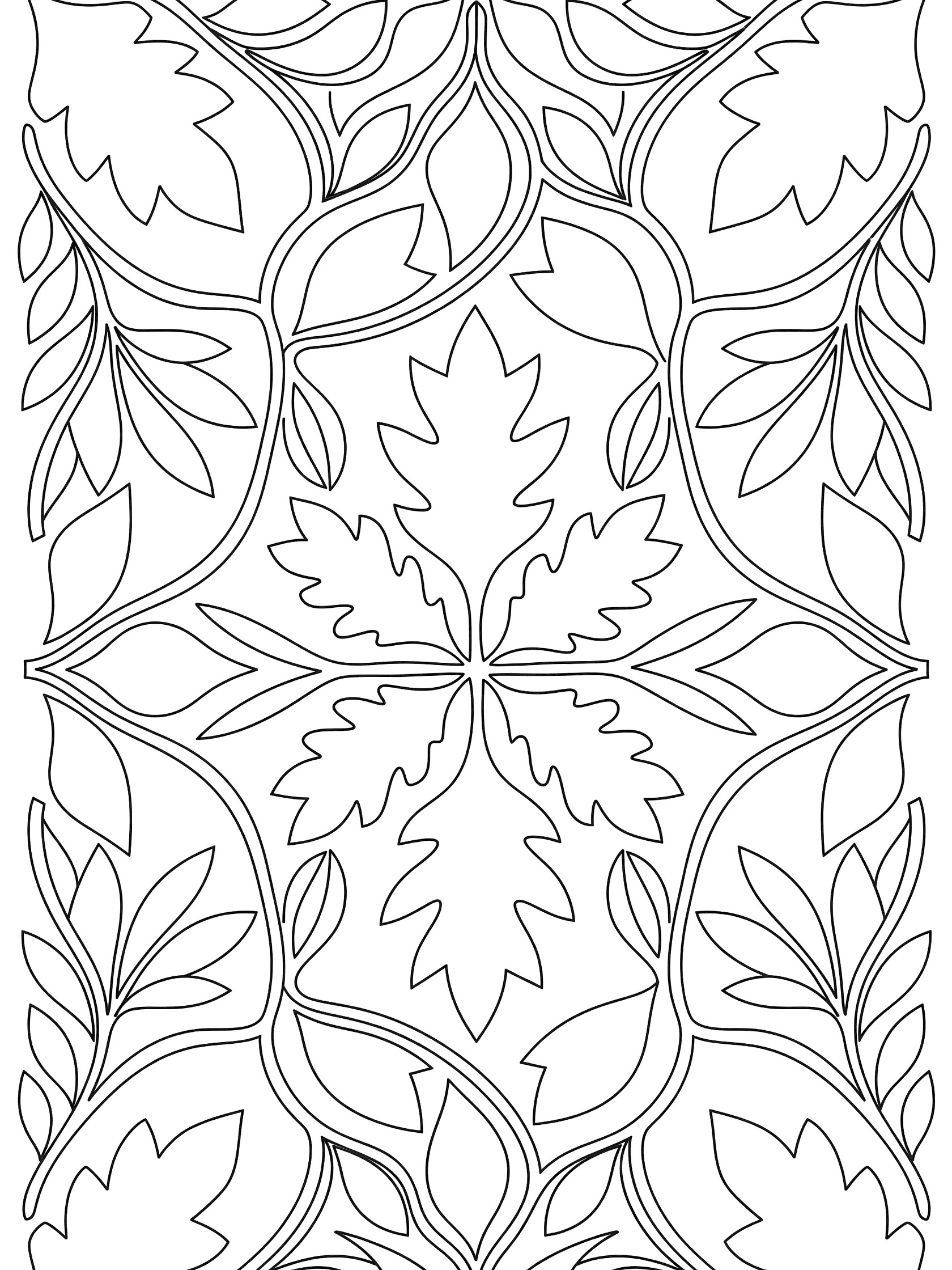 Black and white Bardot leafy border coloring page featuring symmetrical geometric leaves, vines, and patterns.